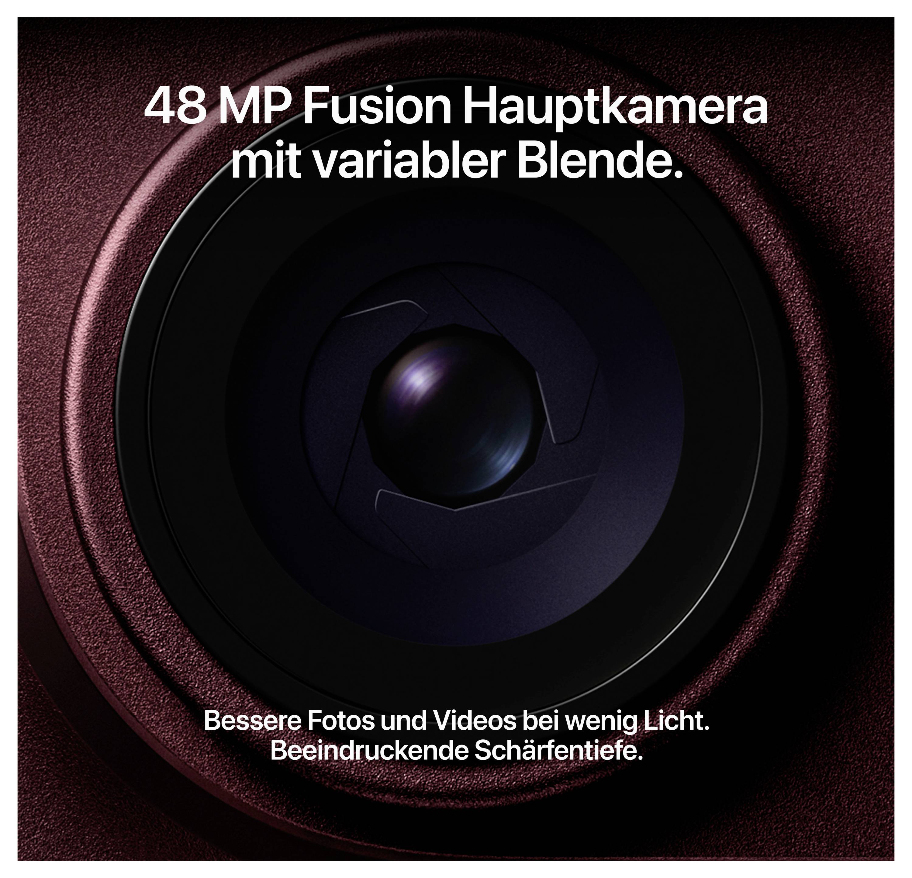Nahaufnahme einer Kameraobjektiv-Grafik mit dem Text '48 MP Fusion Hauptkamera mit variabler Blende. Bessere Fotos und Videos bei wenig Licht. Beeindruckende Schärfentiefe.'