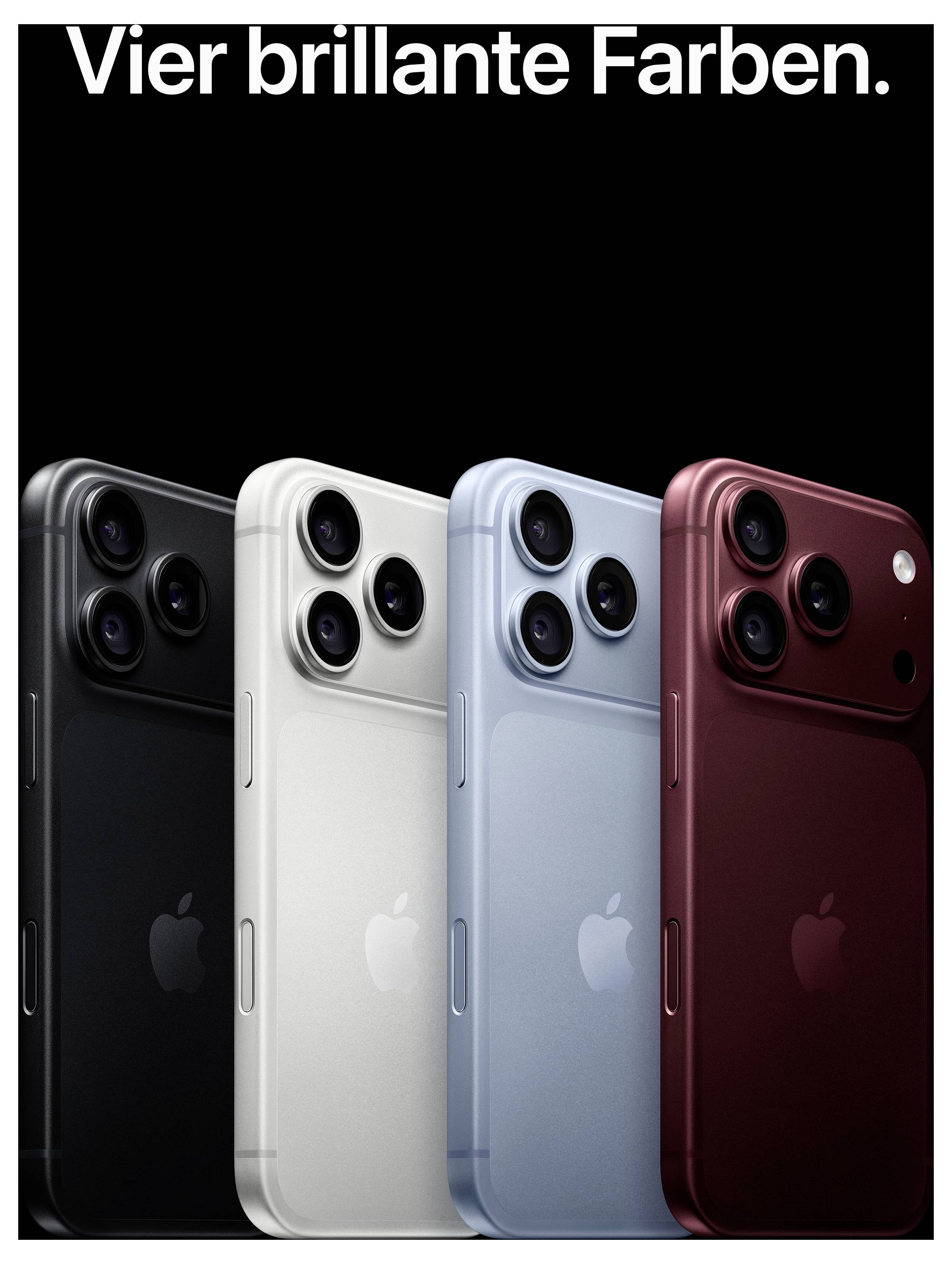 Vier iPhones in Schwarz, Weiß, Hellblau und Rot mit der Überschrift 'Vier brillante Farben.'