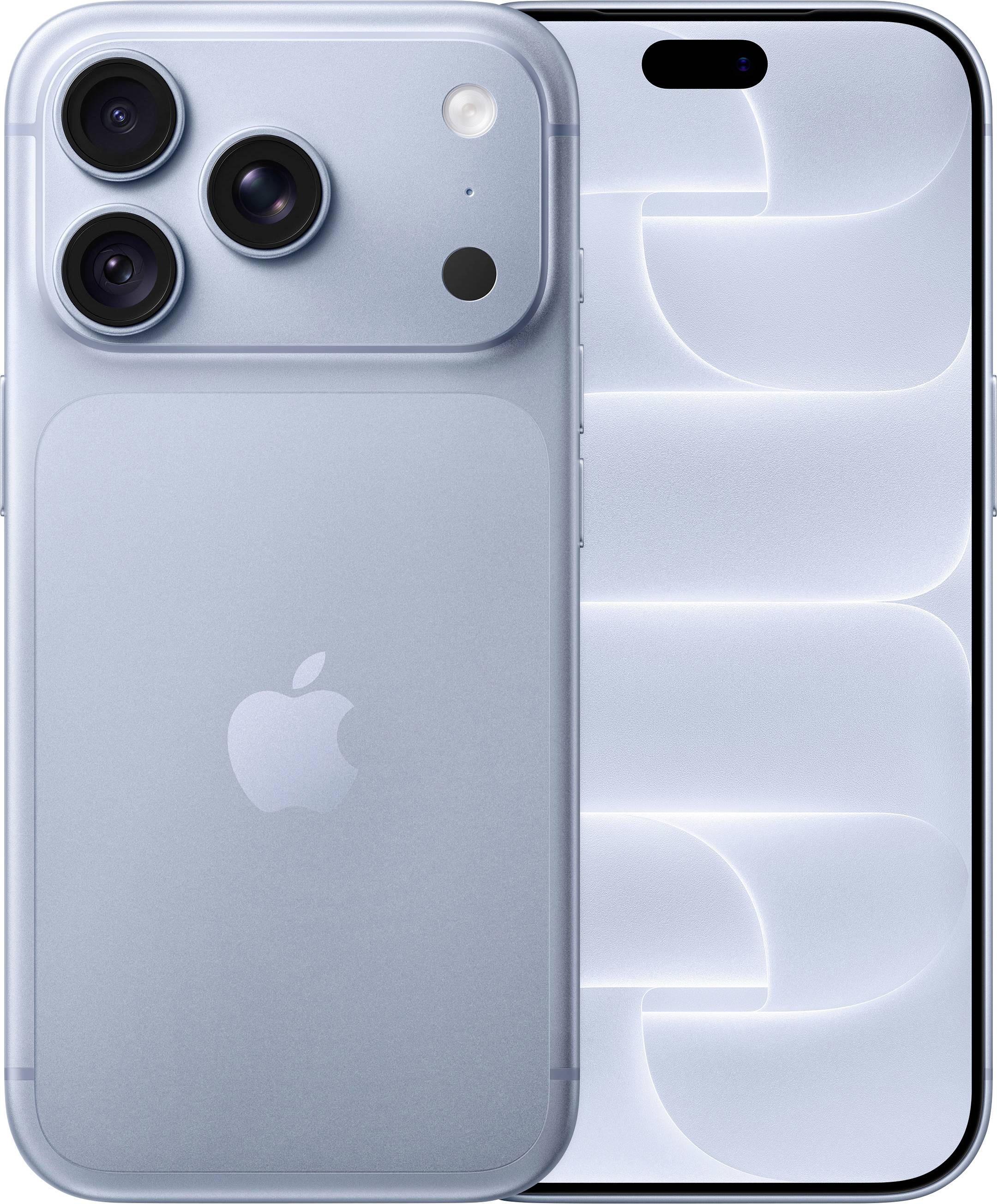 Zwei hellblaue iPhones werden von vorne und von hinten gezeigt, wobei die dreifachen Rückfahrtkameras und das Dynamic Island Display hervorgehoben werden.