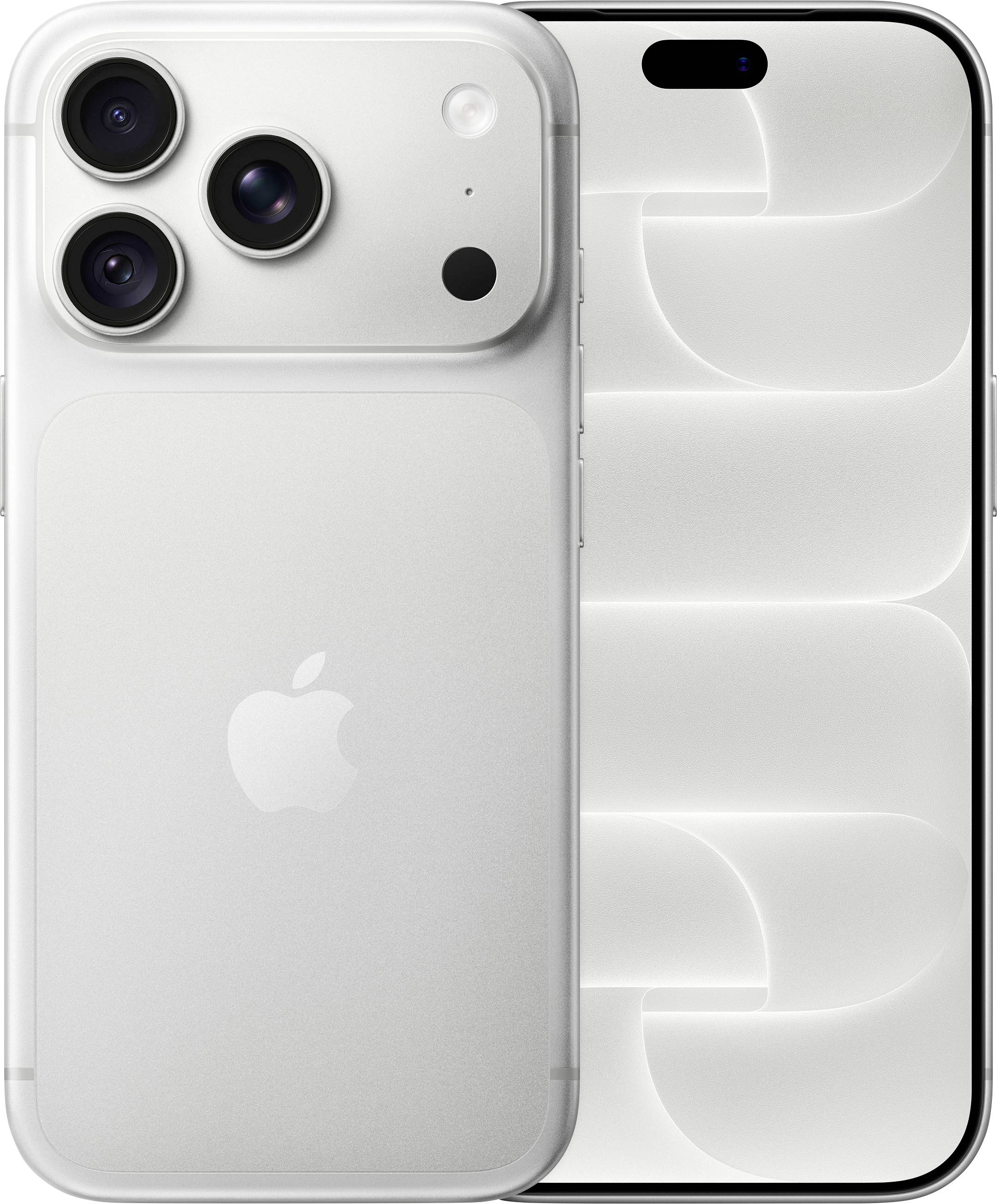 Zwei silberne iPhones von vorne und hinten gezeigt, mit Fokus auf die dreifache Rückkamera und die pillenförmige Kerbe im vorderen Display.