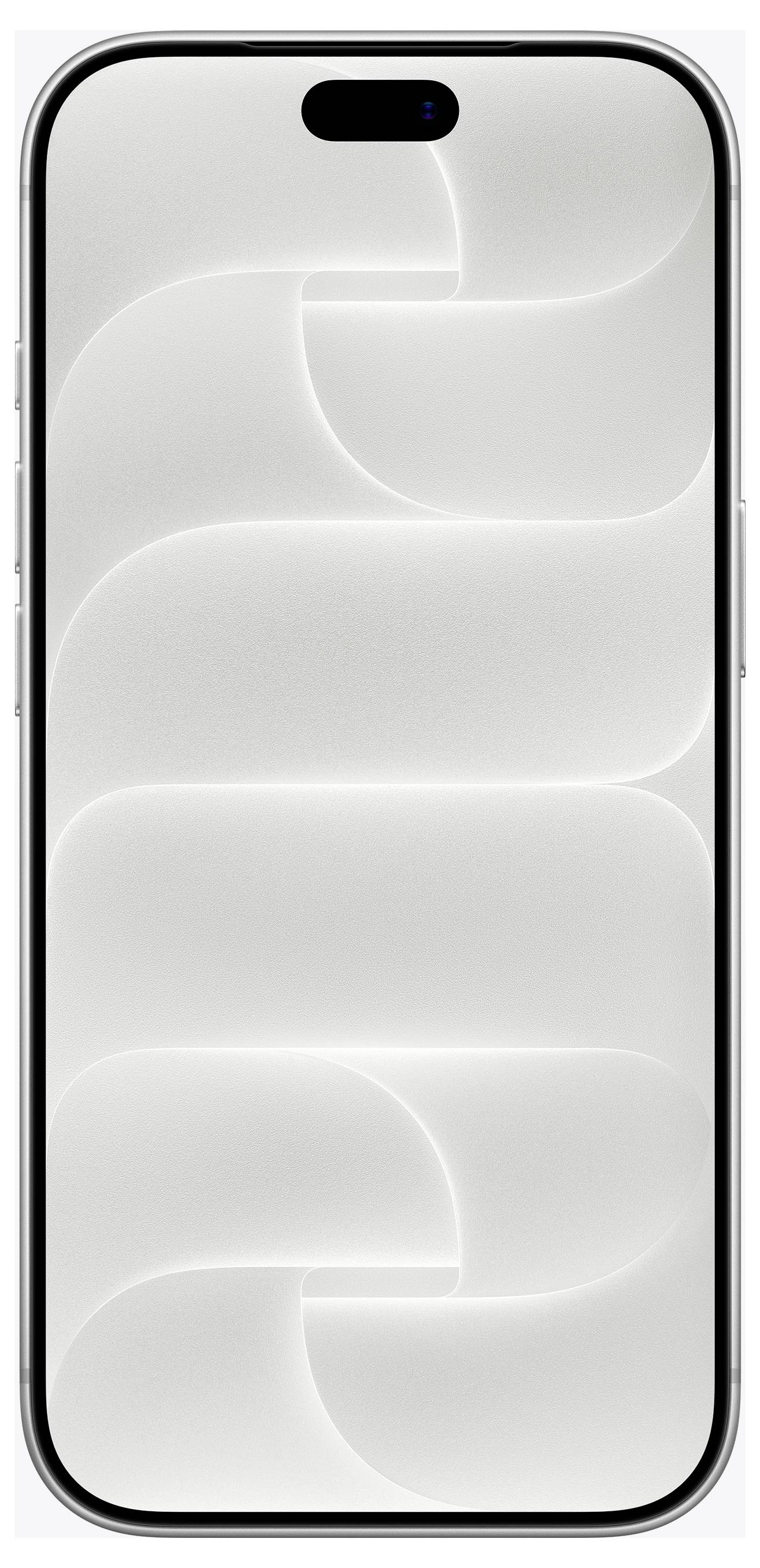 Vorderansicht eines silbernen Smartphones mit einer schwarzen, pillenförmigen Kameraaussparung und abstraktem grauem Wellenmuster auf dem Bildschirm.