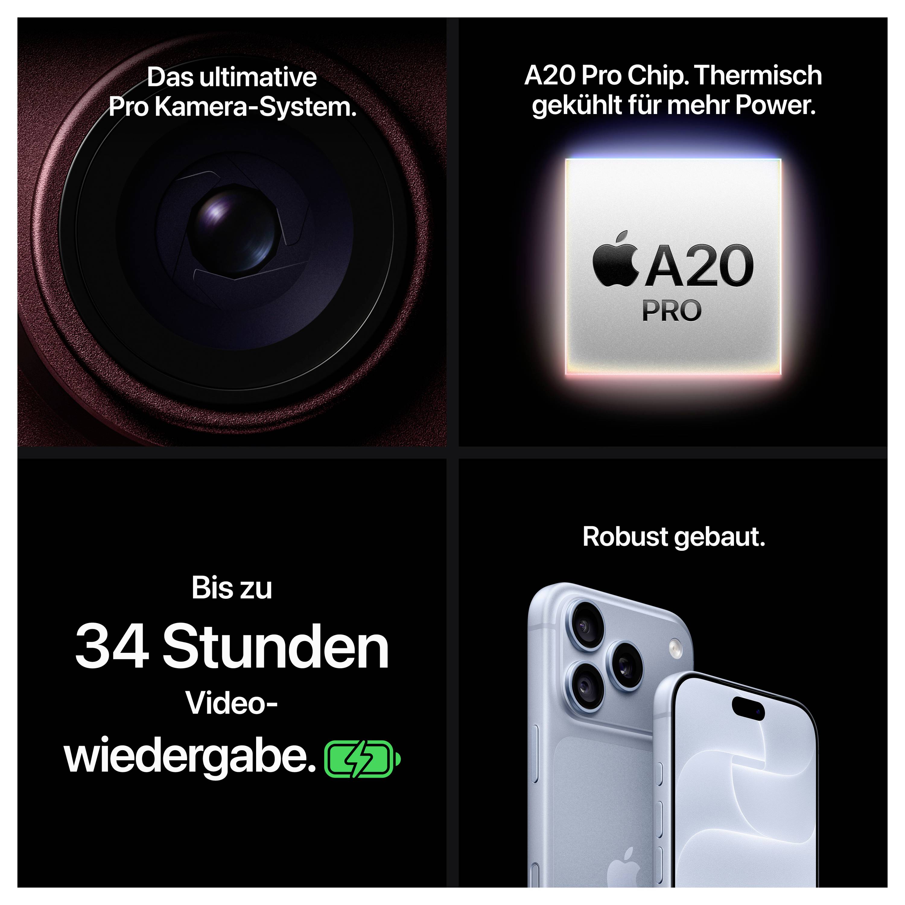 Werbegrafik zum iPhone 16 Pro mit 4 Panels: Pro-Kamerasystem, A20 Pro Chip, bis zu 34 Stunden Videowiedergabe und robustes Design.