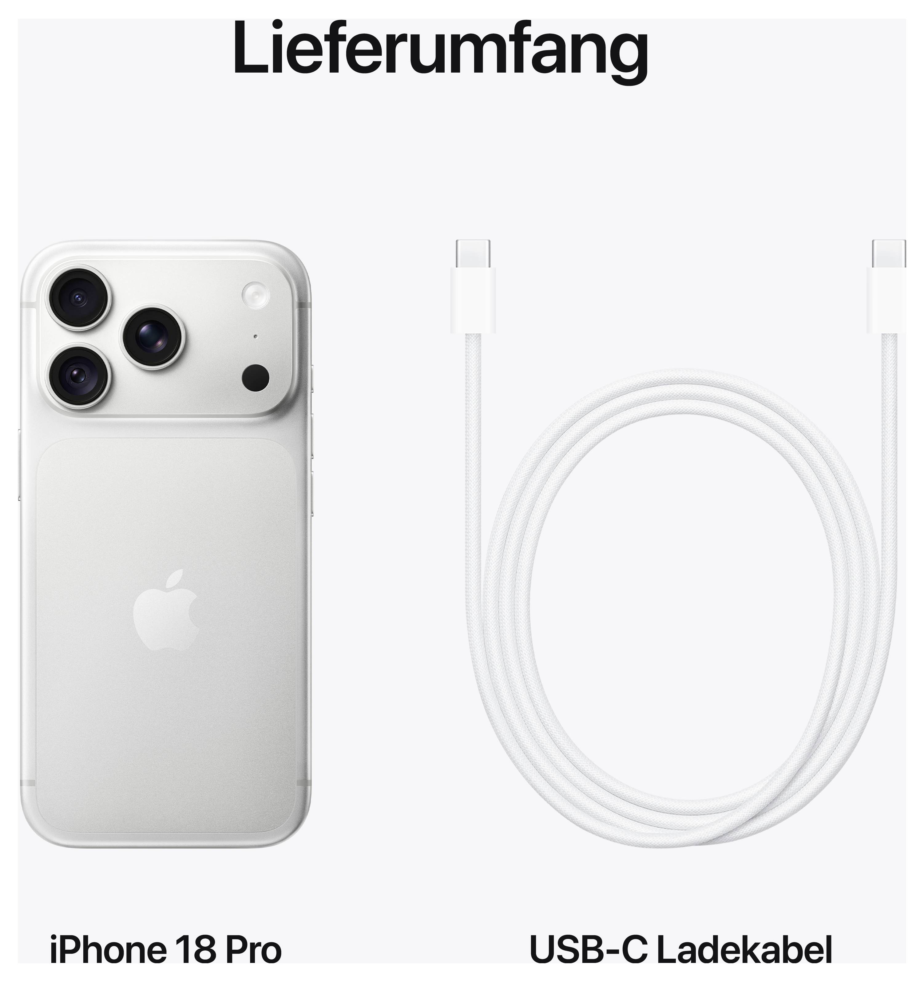 Lieferumfang: iPhone 18 Pro und USB-C-Ladekabel neben dem Telefon abgebildet.