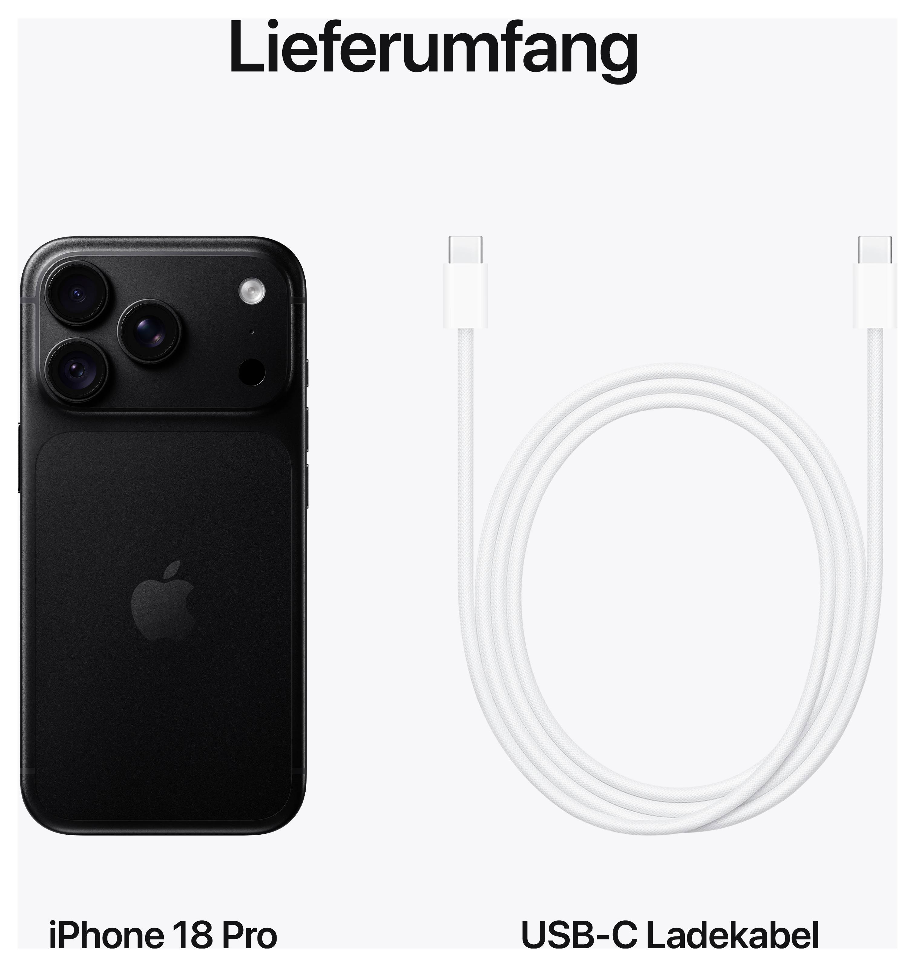 Lieferumfang des iPhone 18 Pro: Smartphone und USB-C-Ladekabel.