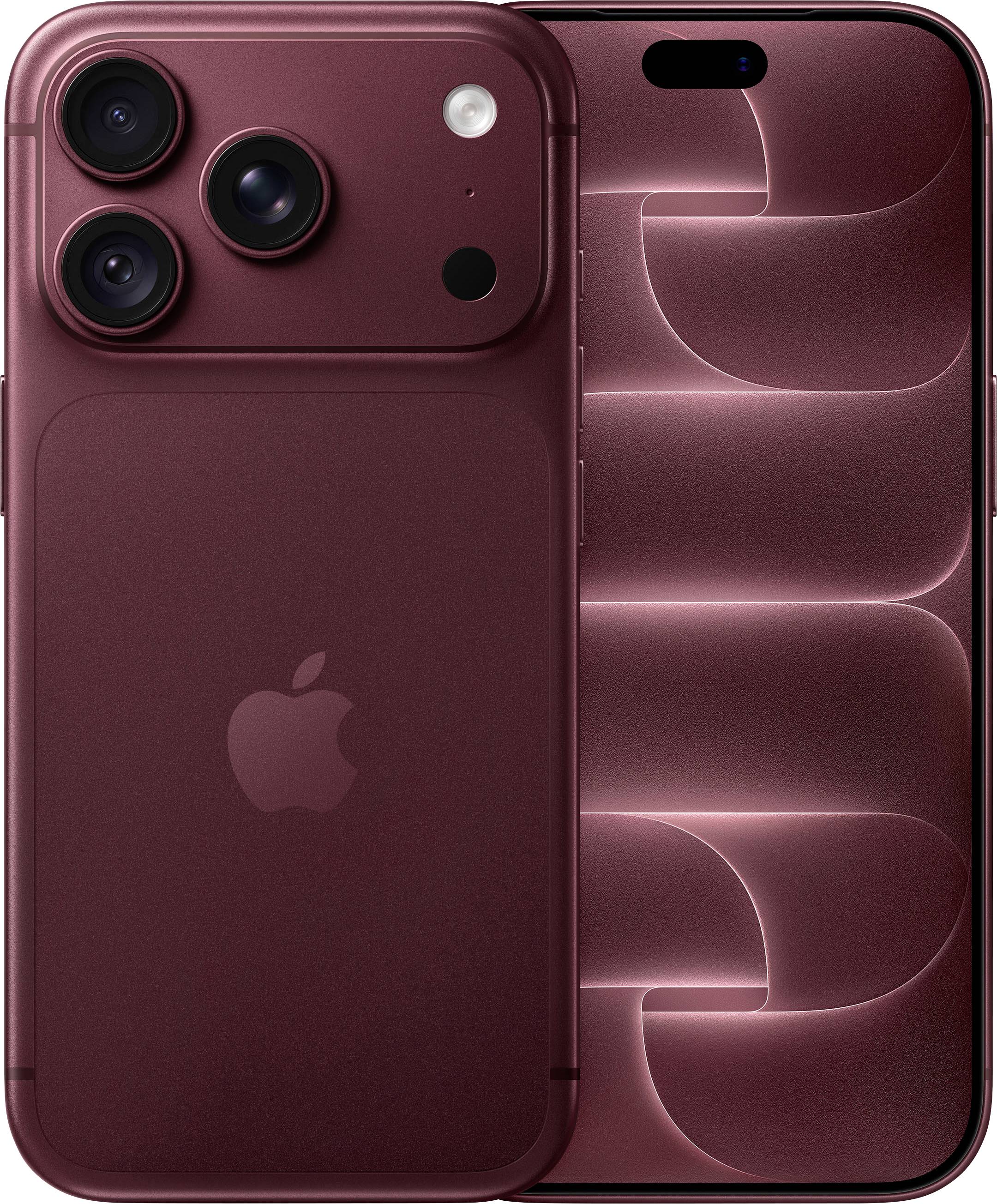 Ein burgunderrotes iPhone von vorne und hinten gezeigt, wobei die dreifachen Rückkameras und das leuchtende abstrakte Hintergrundbild auf dem Bildschirm hervorgehoben werden.