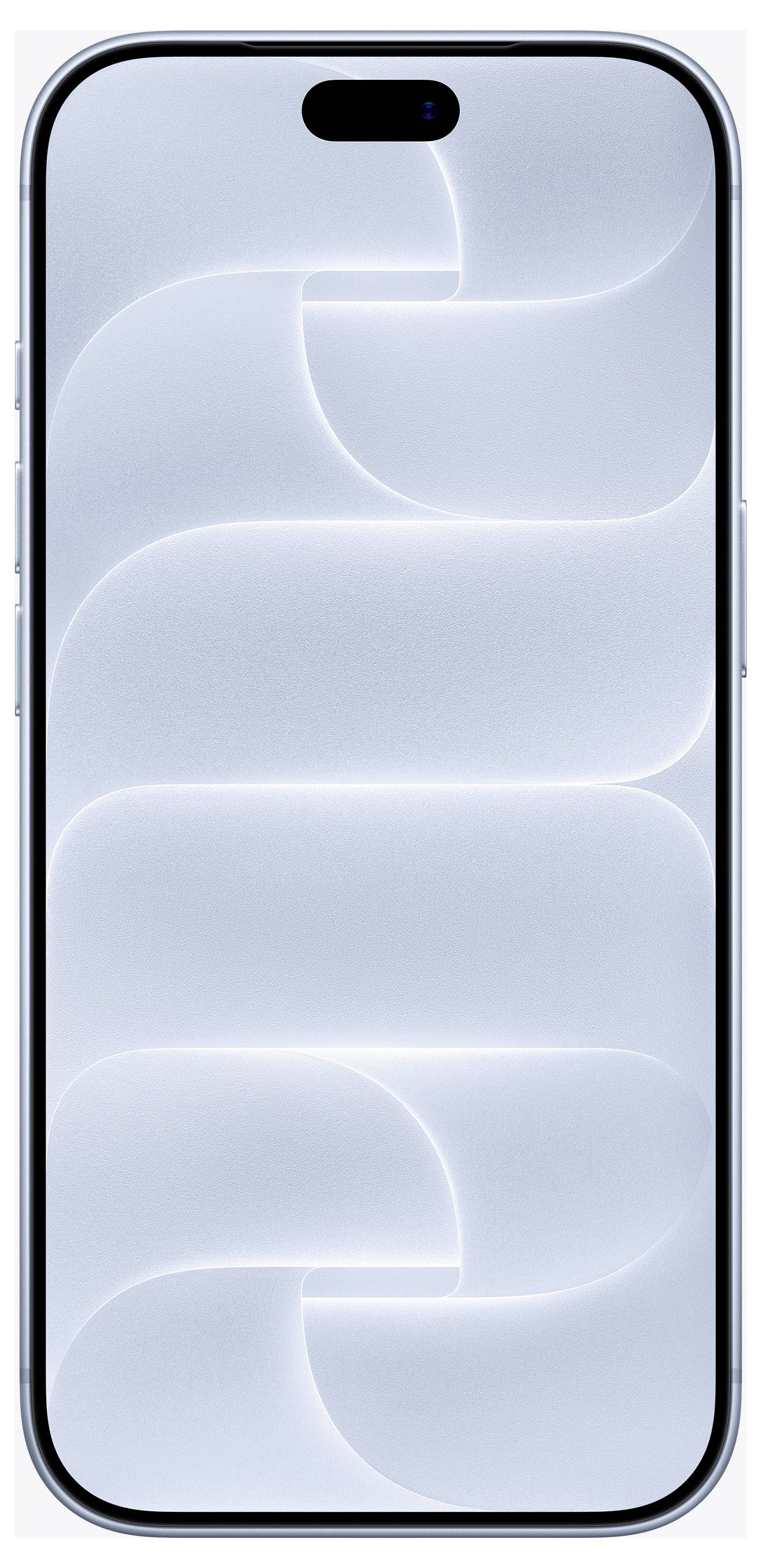 Vorderansicht eines hellblauen Smartphones mit einer zentralen pillenförmigen Kameraausschnitt und abstraktem welliger Hintergrundbild auf dem Bildschirm.