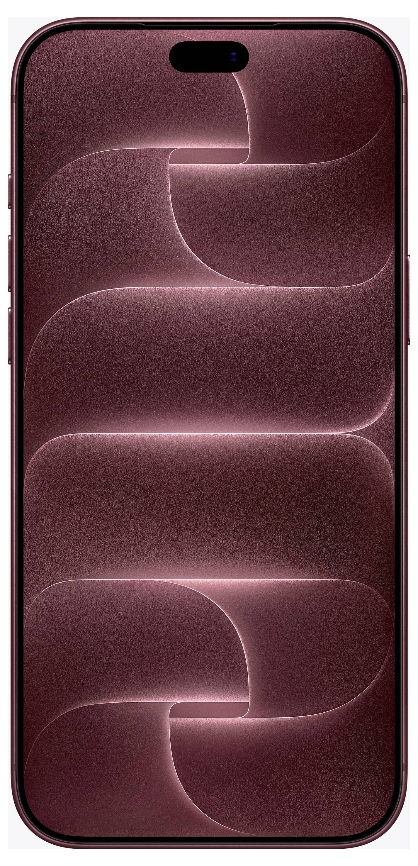 Vorderansicht eines Smartphones mit einem burgunderroten abstrakten Hintergrundbild und einer pillenförmigen Kameraaussparung in der Mitte oben.