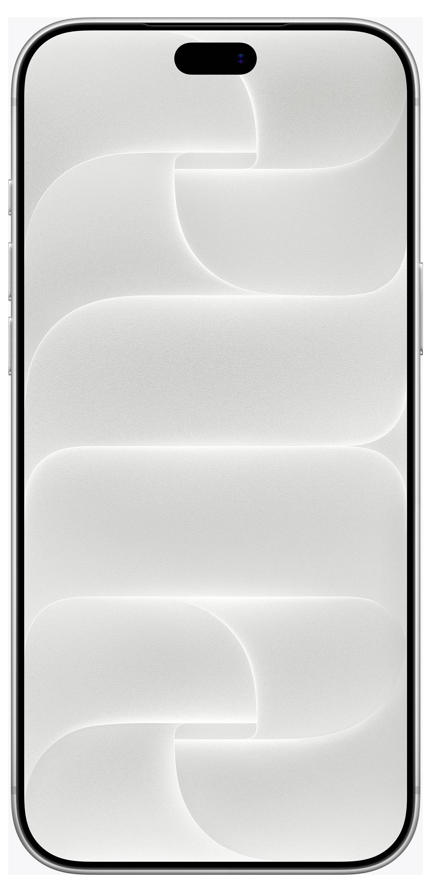 Vorderansicht eines silbernen Smartphones mit einer schwarzen pillenförmigen Kameraaussparung oben und einem hellgrauen abstrakten Wellenhintergrundbild.