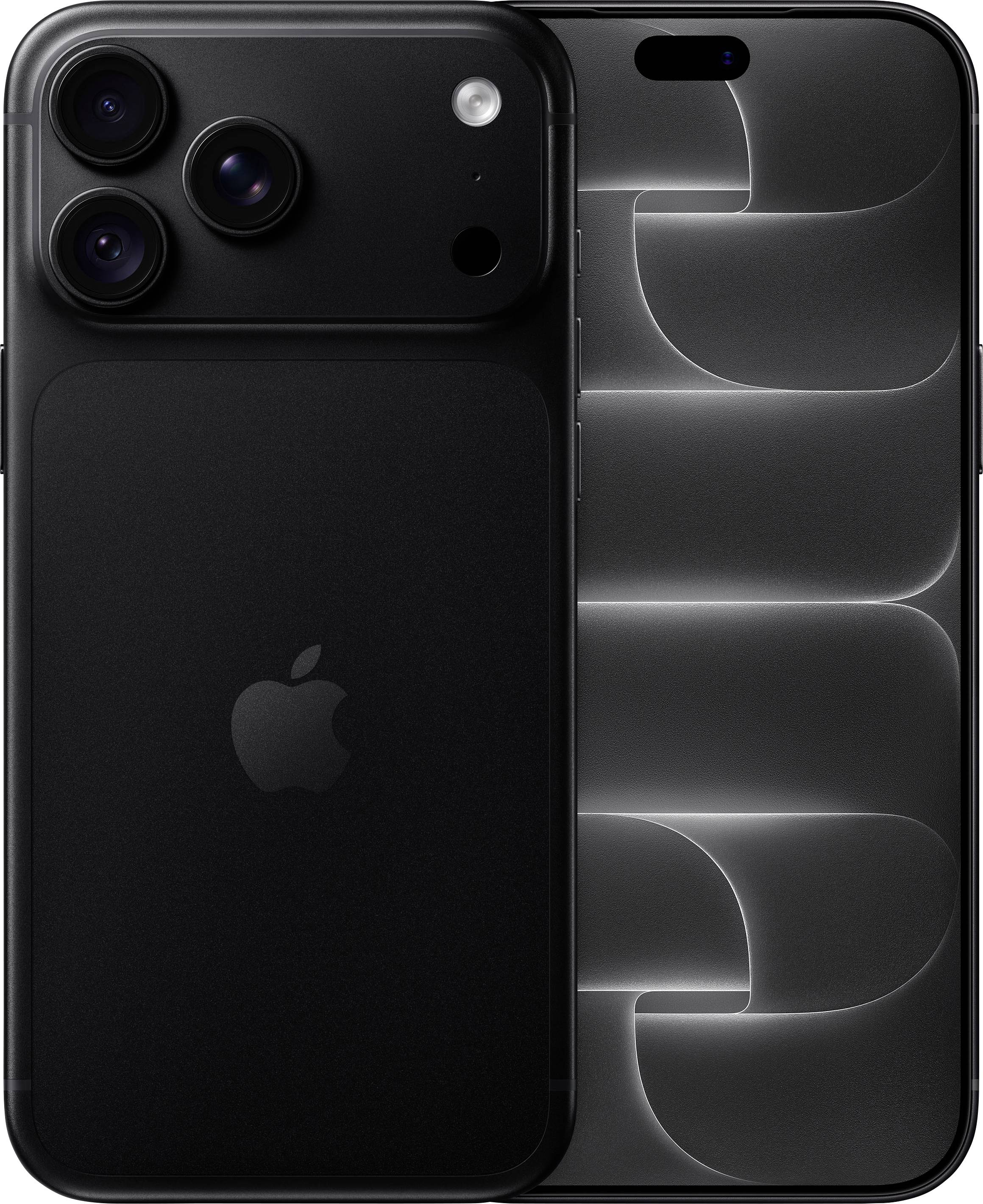 Schwarzes iPhone von vorne und hinten gezeigt, wobei die dreifache Rückkamera und der dunkle abstrakte Hintergrundbild auf dem Bildschirm hervorgehoben werden.