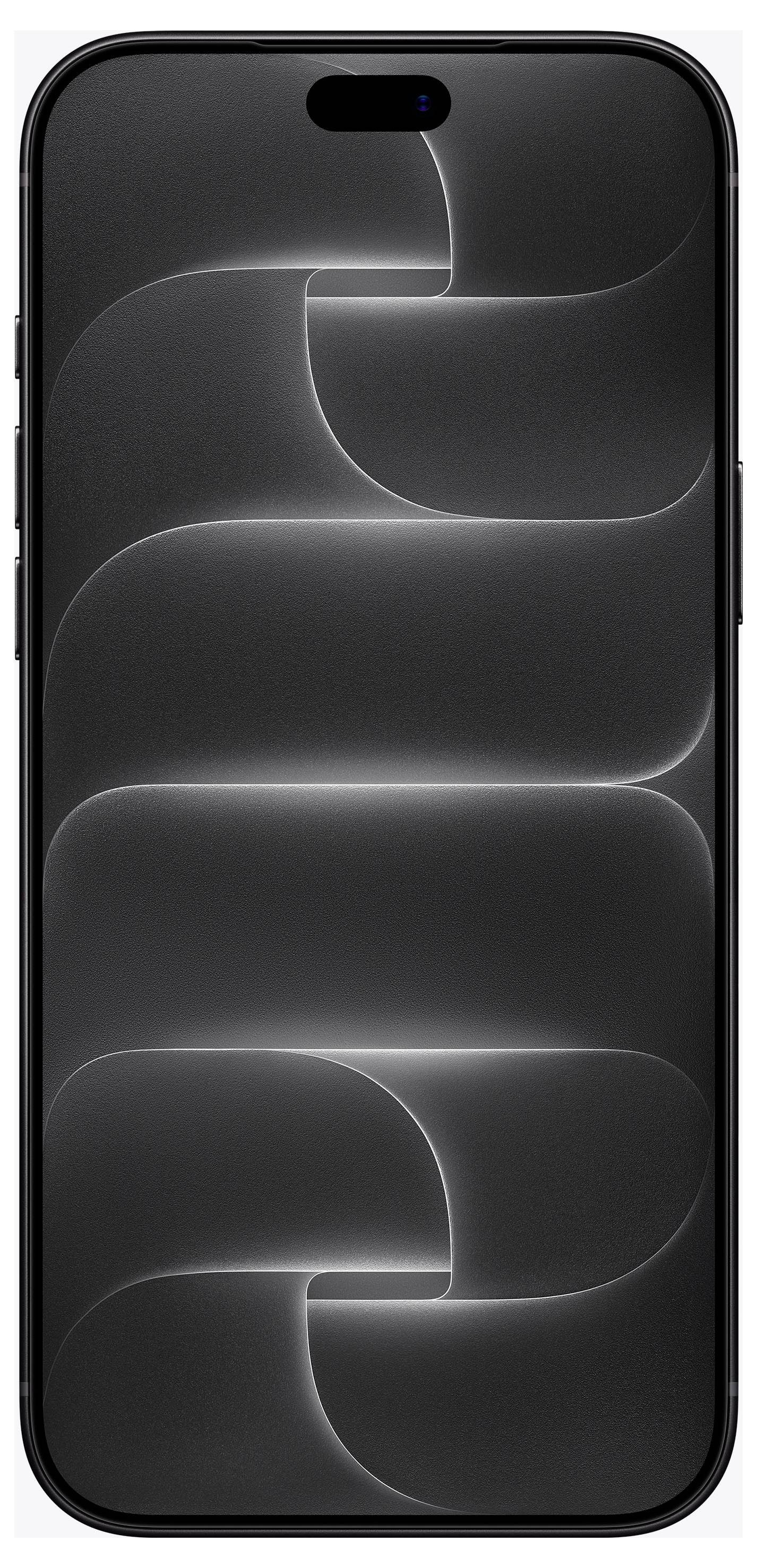 Vorderansicht eines schwarzen Smartphones mit einem dunklen abstrakten wellenförmigen Hintergrund und einer zentrierten pillenförmigen Kameraaussparung oben.