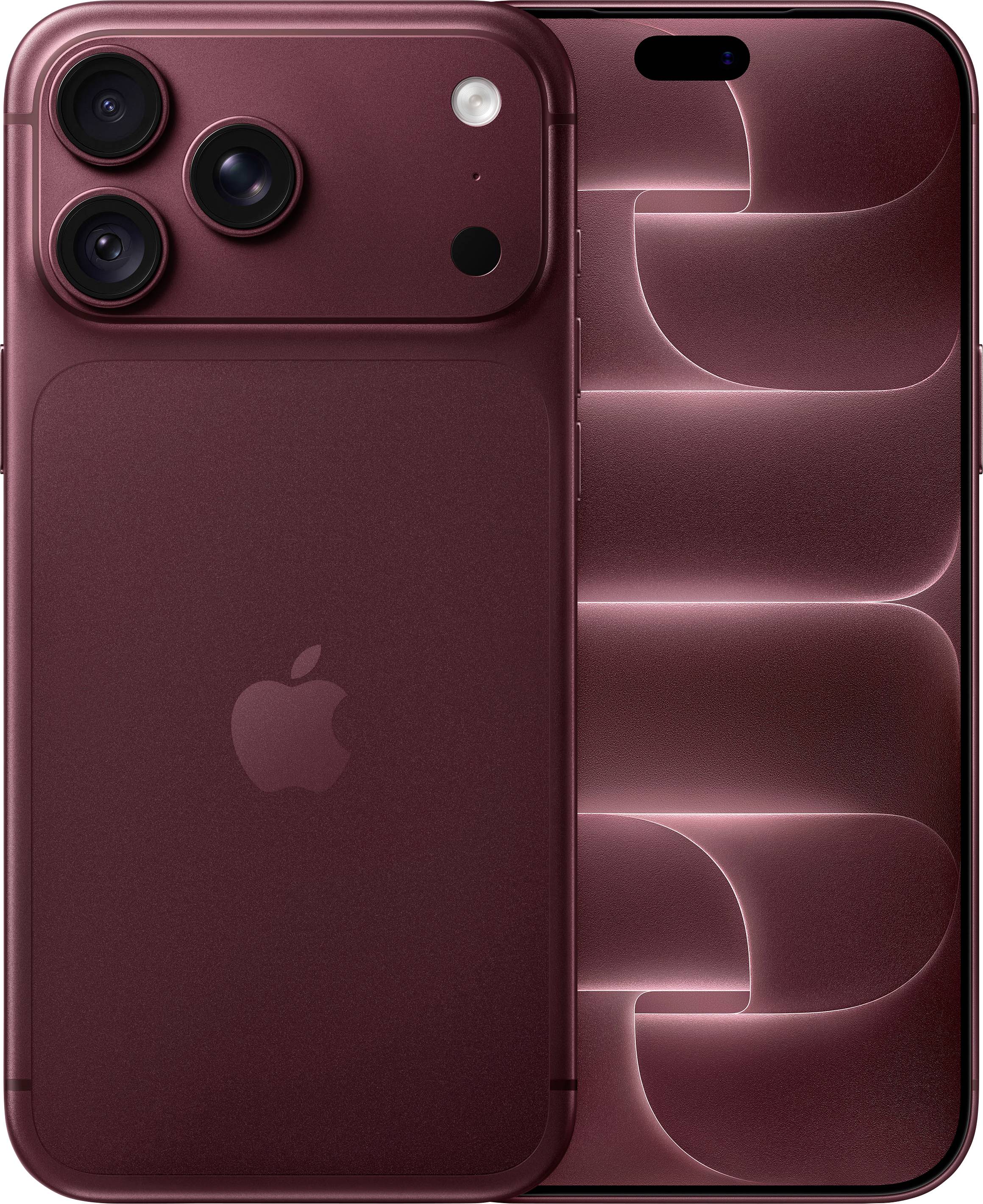 Vorder- und Rückansicht eines burgunderroten iPhones mit dreifacher Rückkamera und einem rosa abstrakten Hintergrundbild auf dem Display.