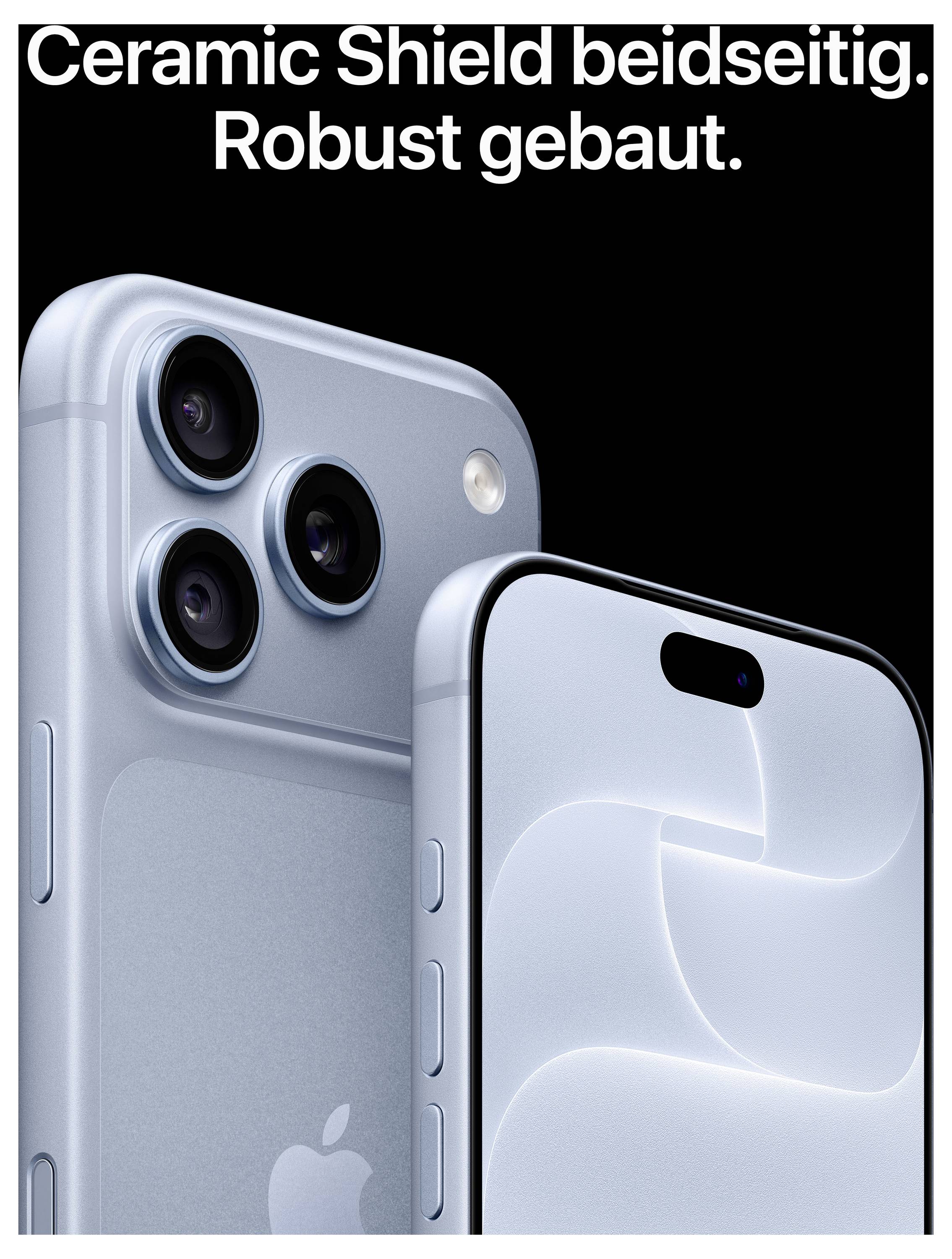 Werbung für ein iPhone mit der Aufschrift 'Ceramic Shield beidseitig. Robust gebaut.'; zeigt Vorder- und Rückseite des Geräts mit Kamerasystem.