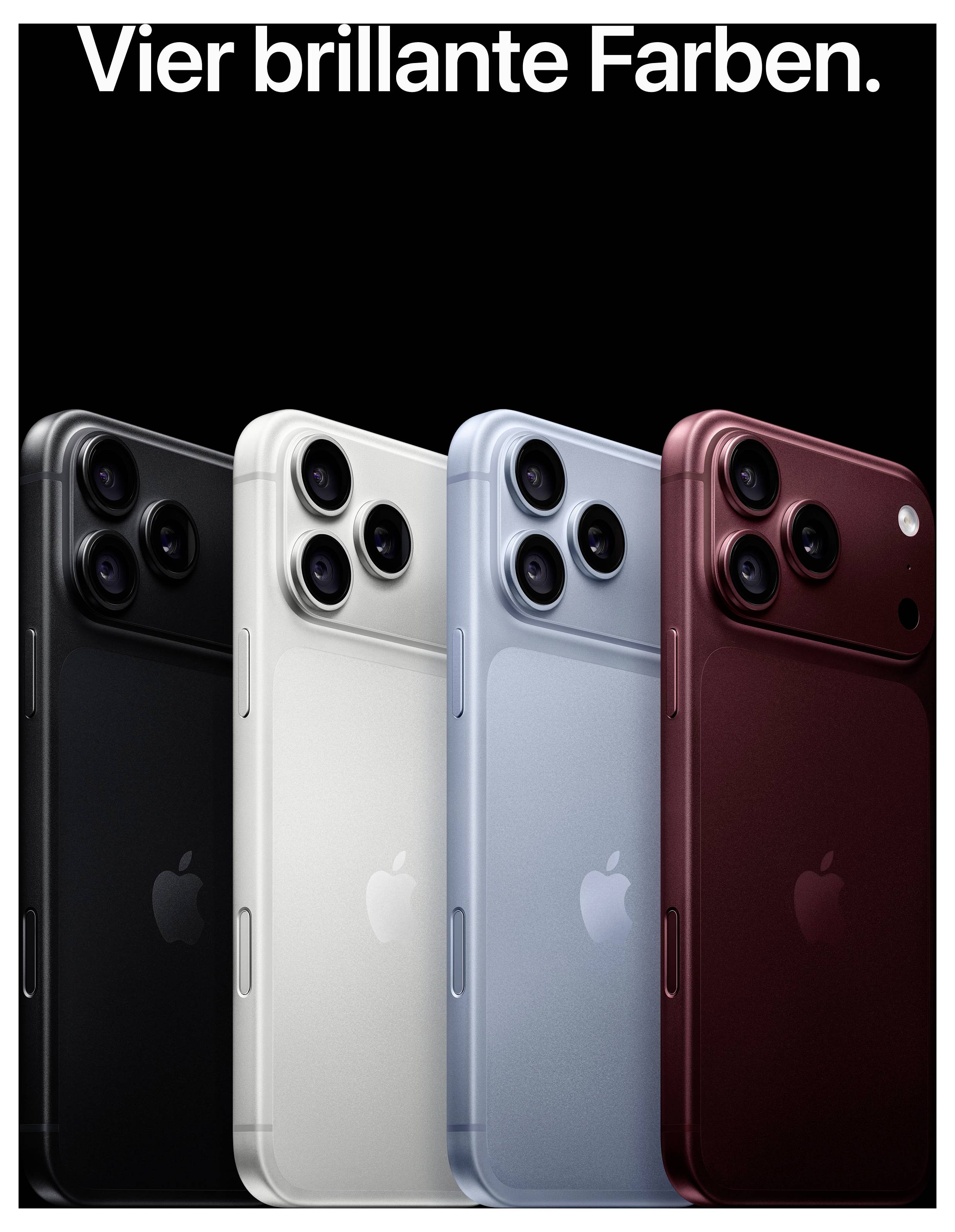 Vier iPhones in Schwarz, Weiß, Hellblau und Dunkelrot auf schwarzem Hintergrund; Text oben: 'Vier brillante Farben.'