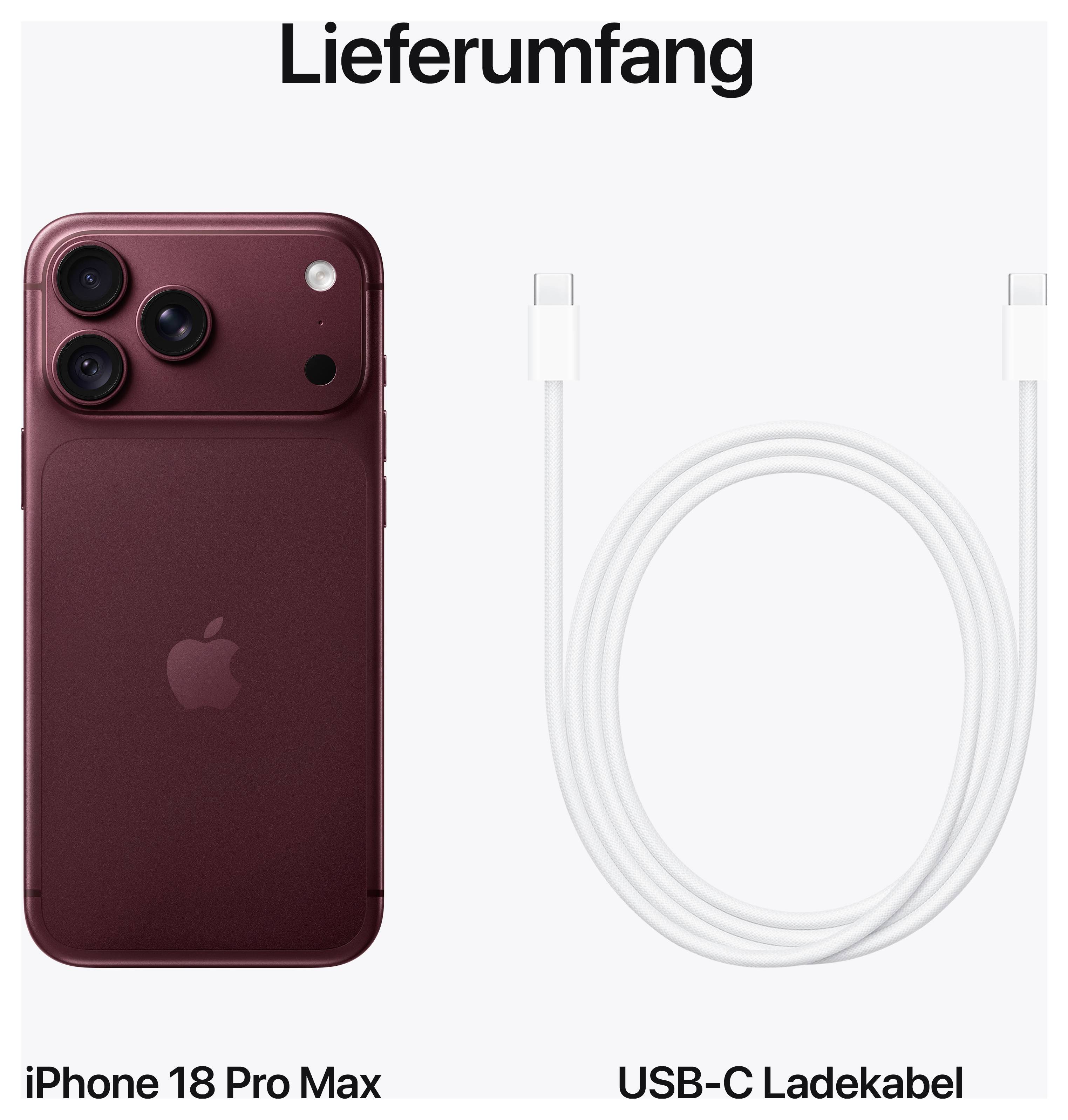Lieferumfang eines iPhone 18 Pro Max: bordeauxfarbenes Smartphone und weißes USB-C-Ladekabel.