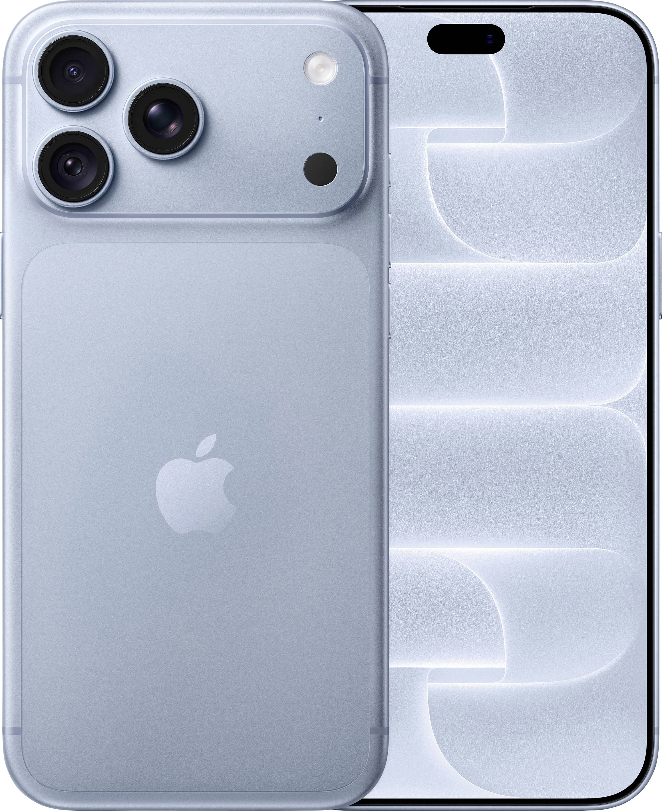 Rück- und Vorderansicht eines hellblauen iPhones mit dreifachem Kamerasystem und Dynamic Island Display.