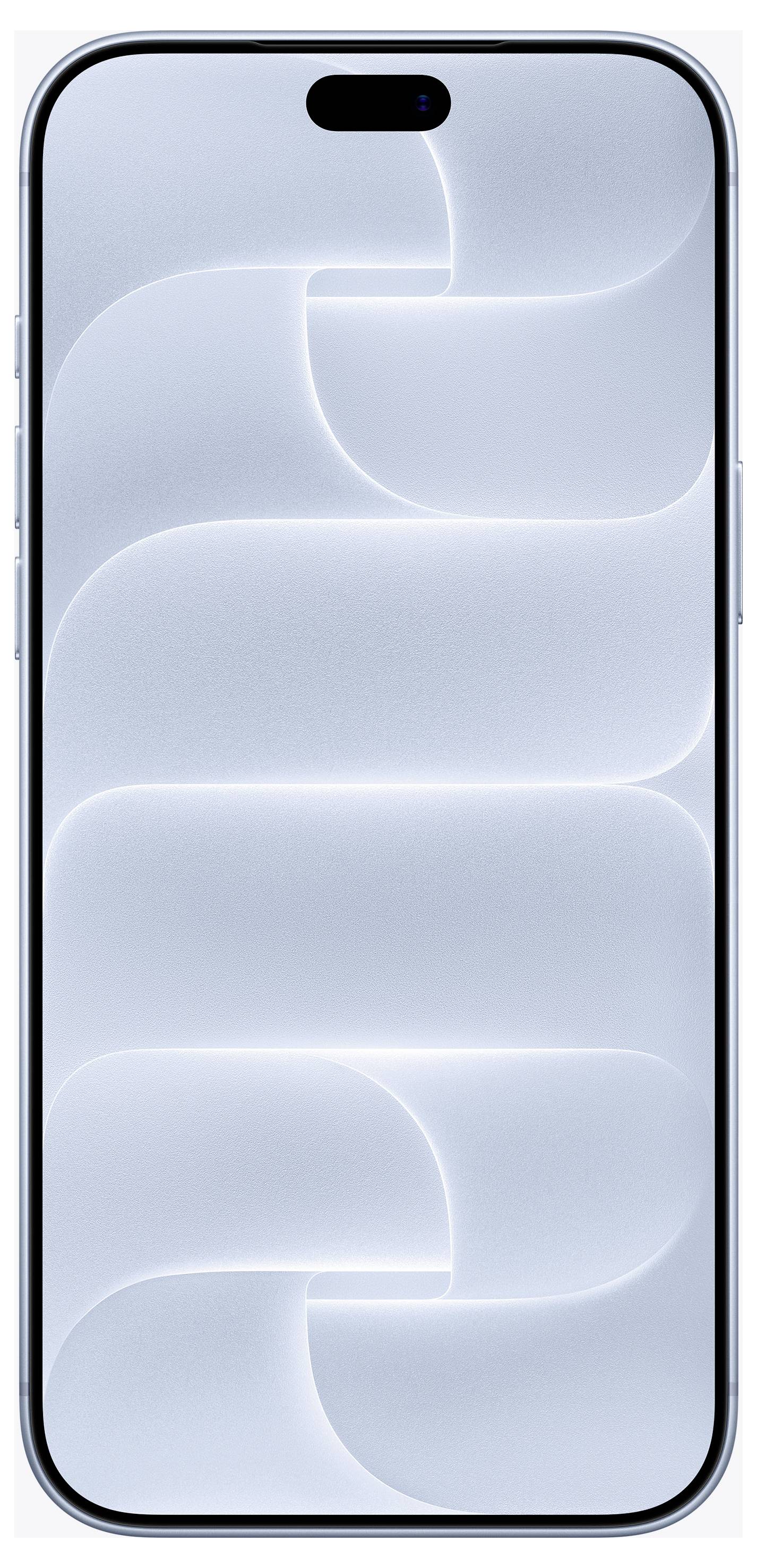 Vorderansicht eines hellblauen Smartphones mit schwarzem pillenförmigem Frontkamera-Ausschnitt und abstrakter gekrümmter Tapete auf dem Bildschirm.