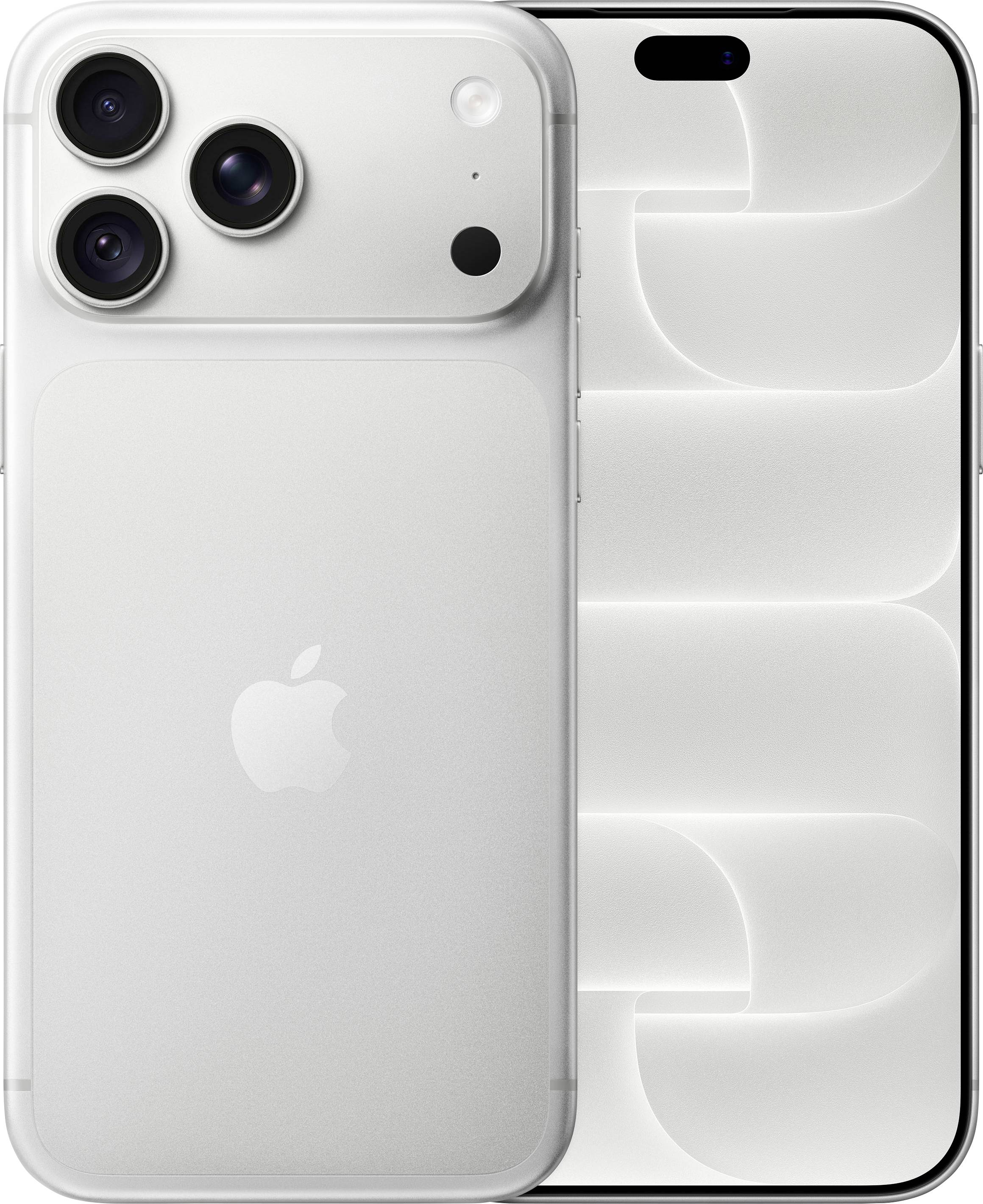 Silbernes iPhone von vorne und hinten gezeigt, mit einer dreifachen Rückfahrtkamera und einer pillenförmigen vorderen Kameraaussparung.