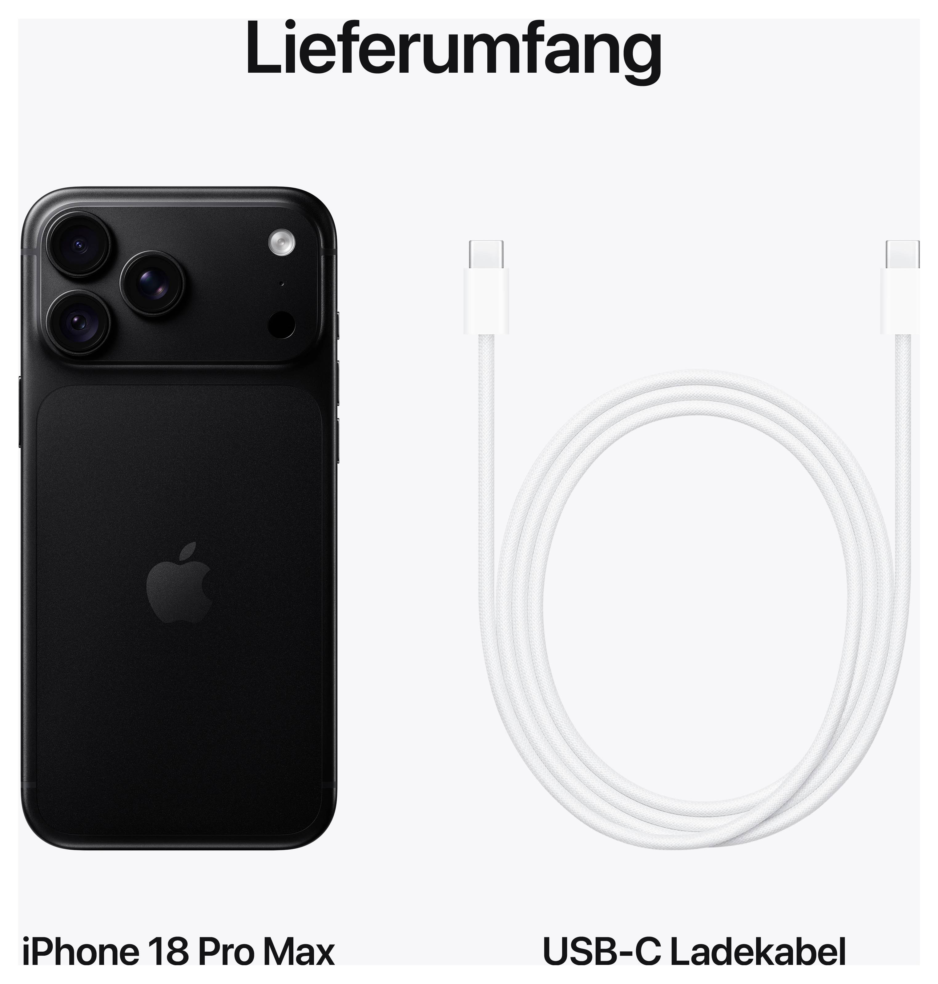 Lieferumfang: iPhone 18 Pro Max und USB-C-Ladekabel.