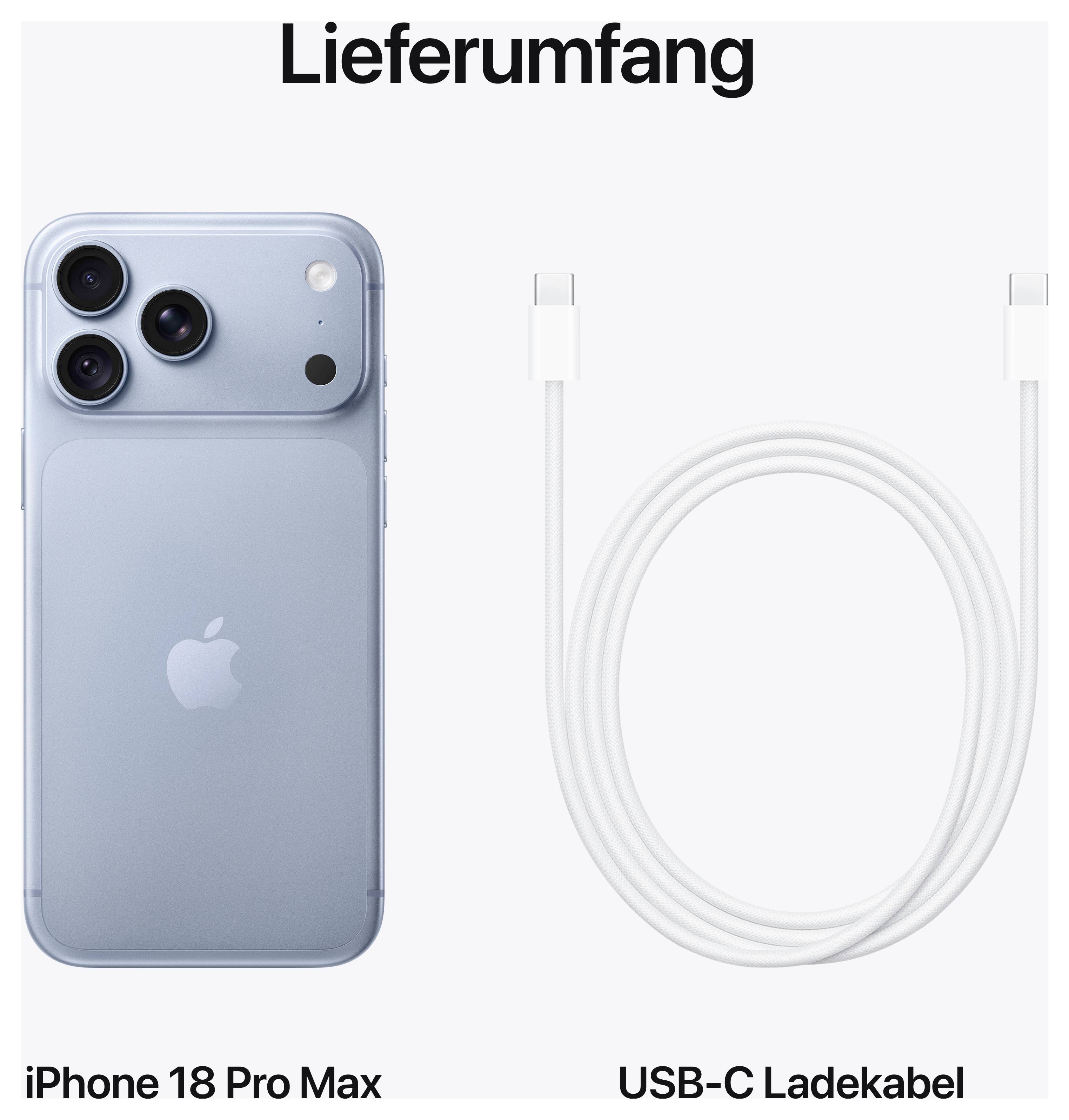Lieferumfang: iPhone 18 Pro Max und USB-C-Ladekabel.