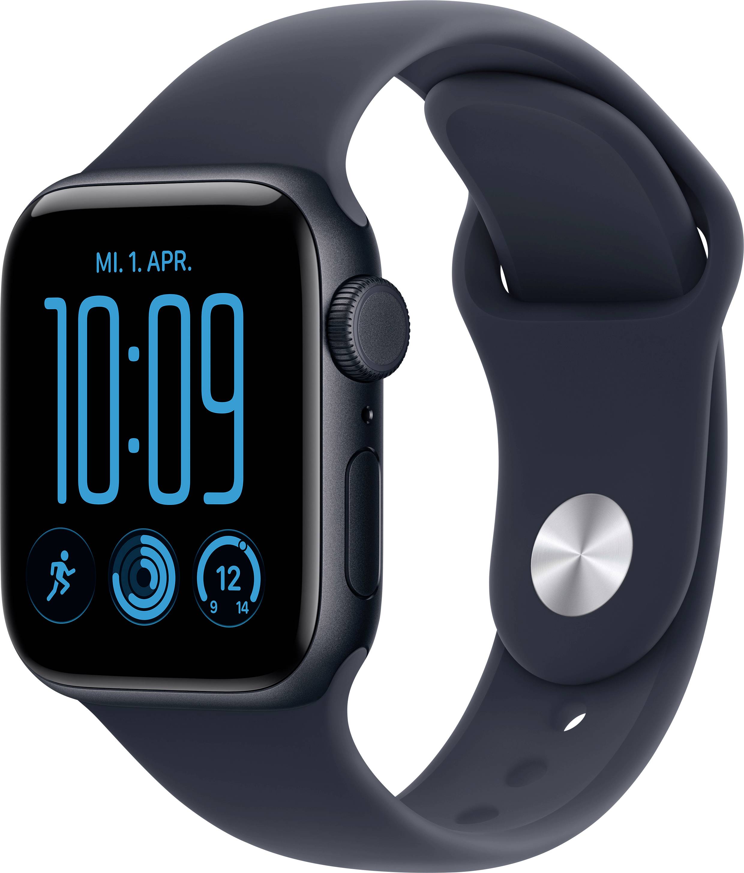 Schwarze Apple Watch in schrägem Winkel mit marineblauem Sportarmband angezeigt, auf dem 10:09, das Datum „MI. 1. APR.