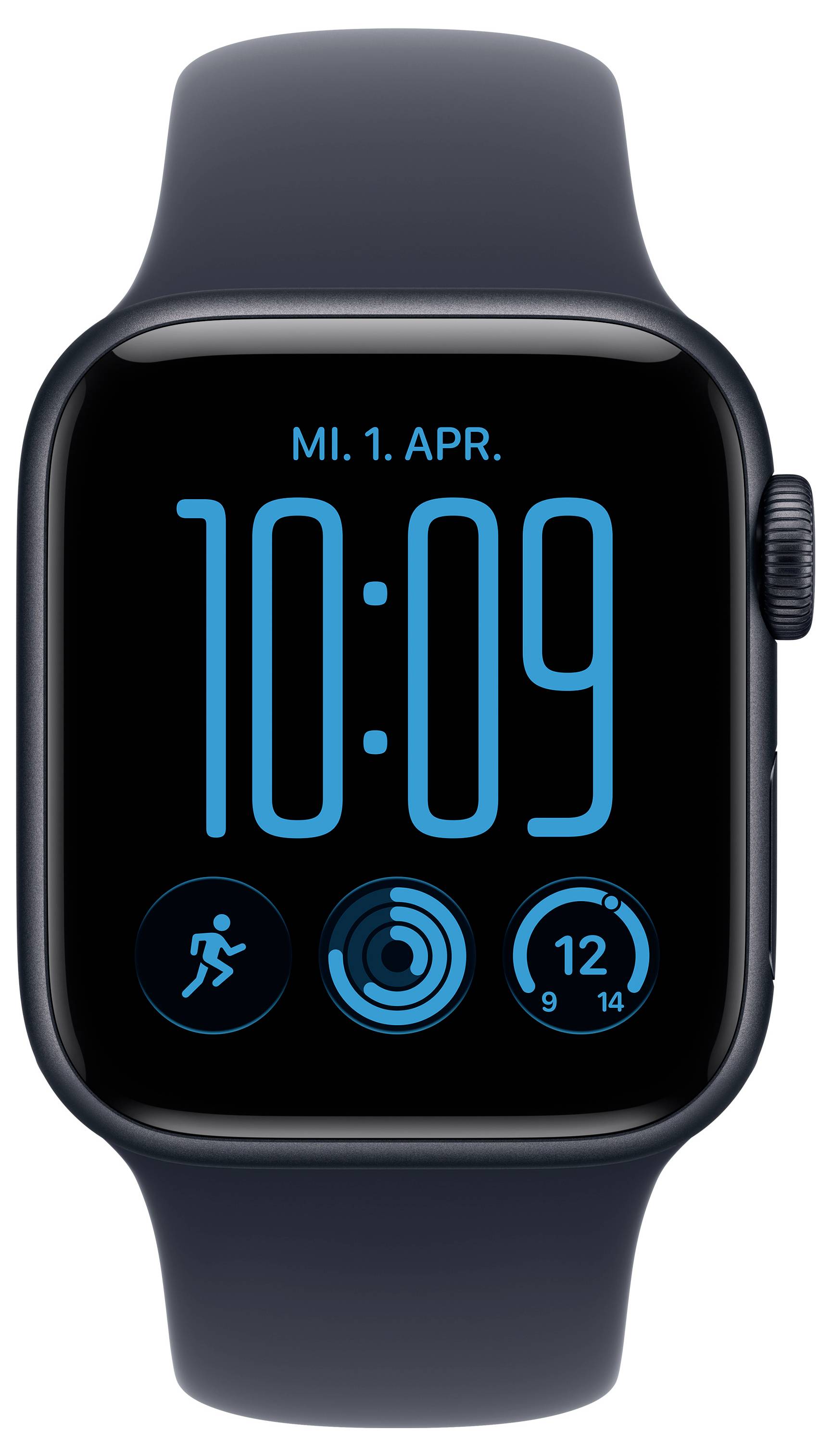 Apple Watch Display zeigt 10:09 auf MI. 1. APR., mit Activity, Ringe und Datumskomplikationen auf schwarzem Bildschirm