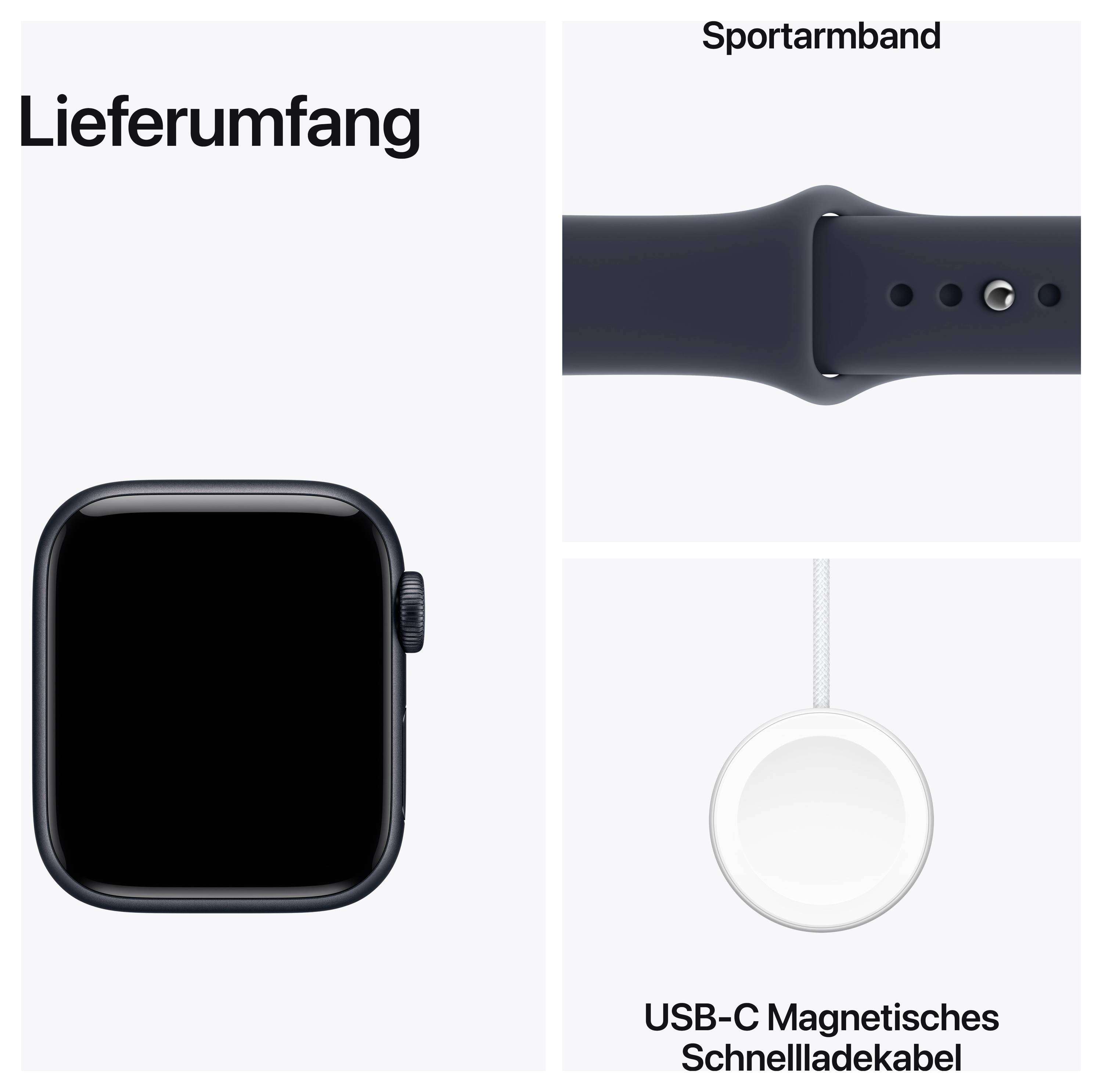 Produktübersicht eines Smartwatch-Sets: Uhrgehäuse, Sportarmband und USB-C-Magnet-Schnellladekabel.