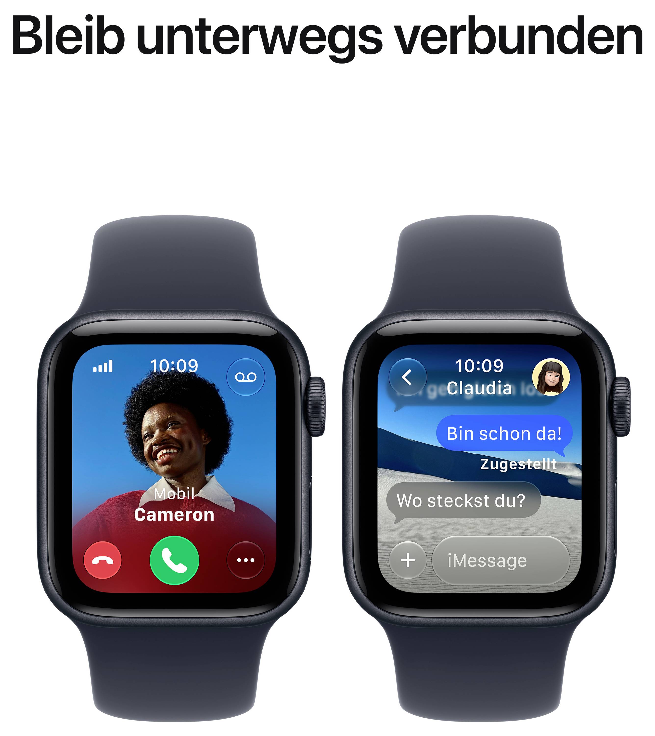 Werbebild mit zwei Apple Watches: links ein eingehender Anruf von Cameron, rechts eine iMessage mit den Nachrichten 'Bin schon da!' und 'Wo steckst du?'. Oben steht 'Bleib unterwegs verbunden'.