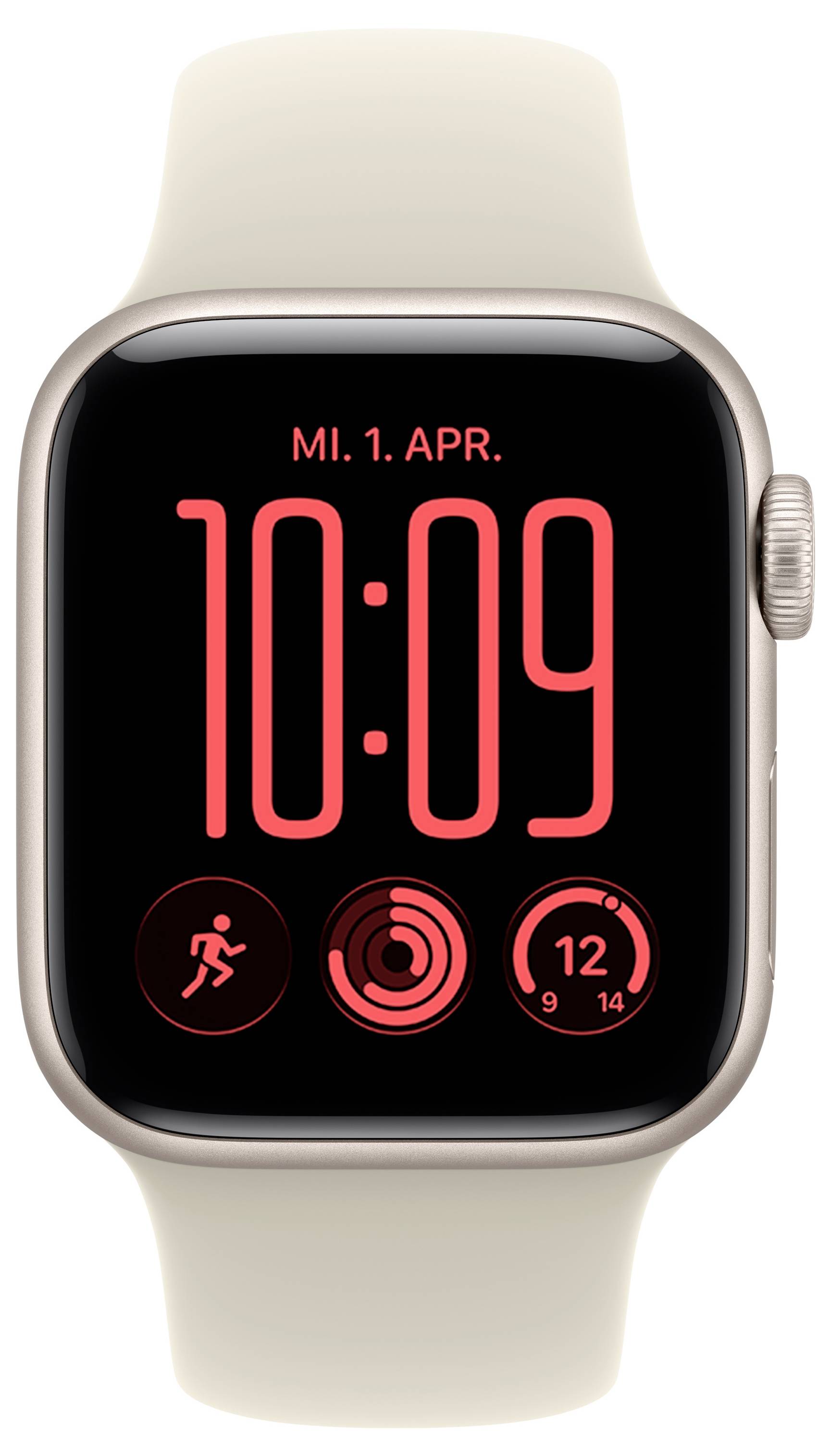 Apple Watch mit beigem Armband, das ein schwarzes Zifferblatt zeigt, rote digitale Uhrzeit 10:09, Datum „MI. 1. APR." und Fitness-/Aktivitätssymbole.