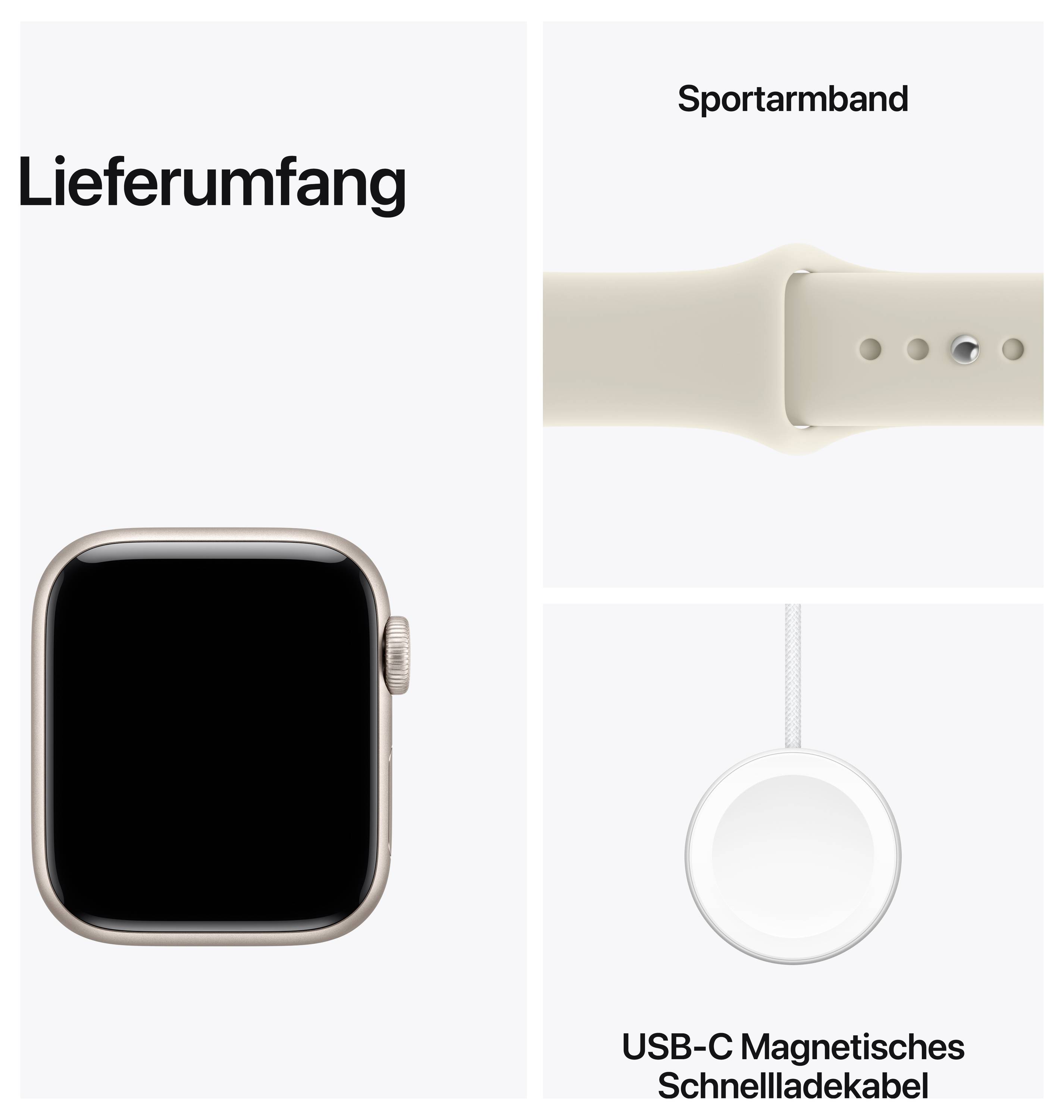 Lieferumfang einer Smartwatch: Uhr mit Armband, Sportarmband und USB-C magnetisches Schnellladekabel.