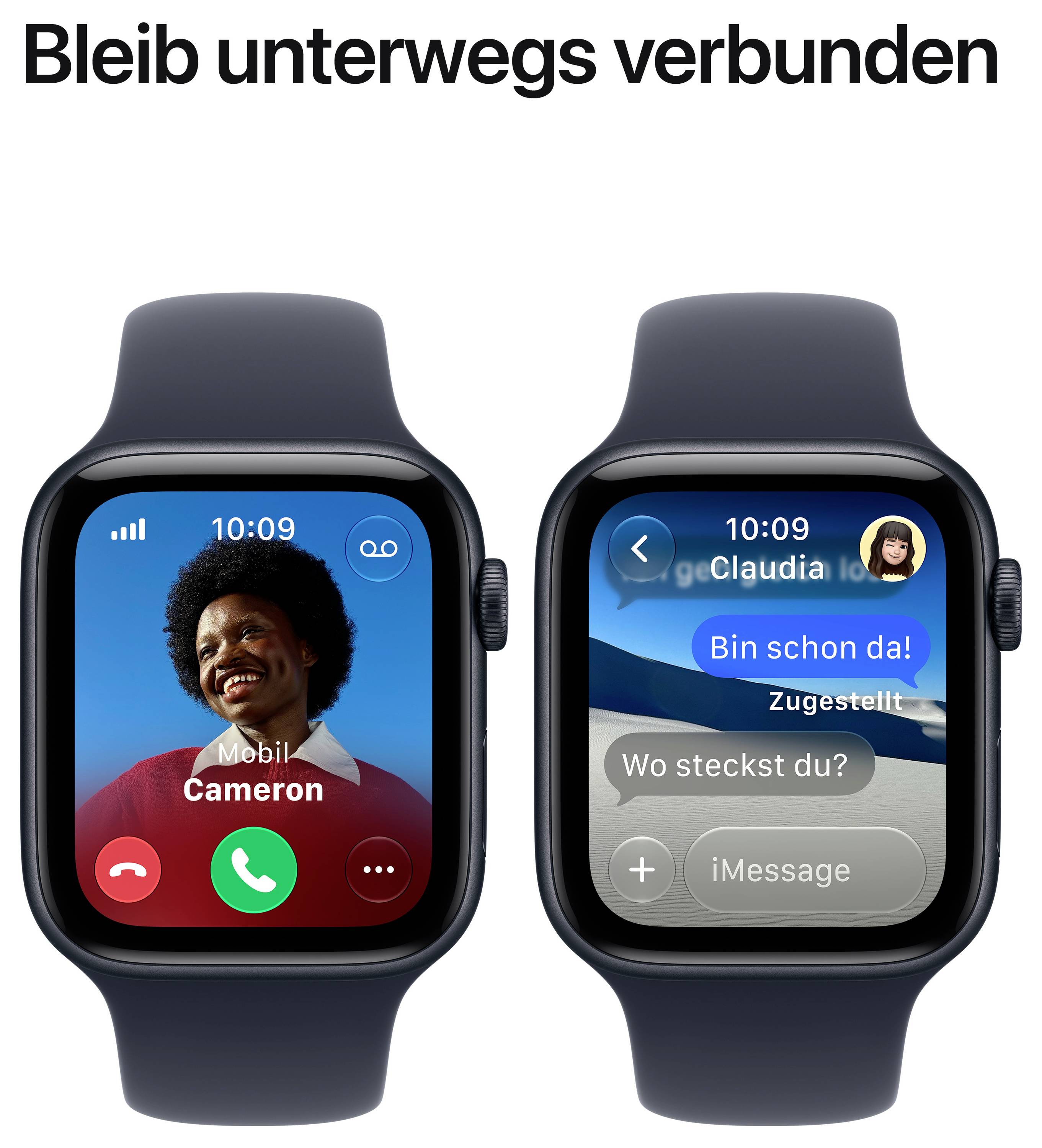 Werbebild mit zwei Apple Watches und dem Text 'Bleib unterwegs verbunden': links ein Anruf mit Cameron, rechts ein iMessage-Chat mit Claudia und den Nachrichten 'Bin schon da!', 'Zugestellt' und 'Wo steckst du?'