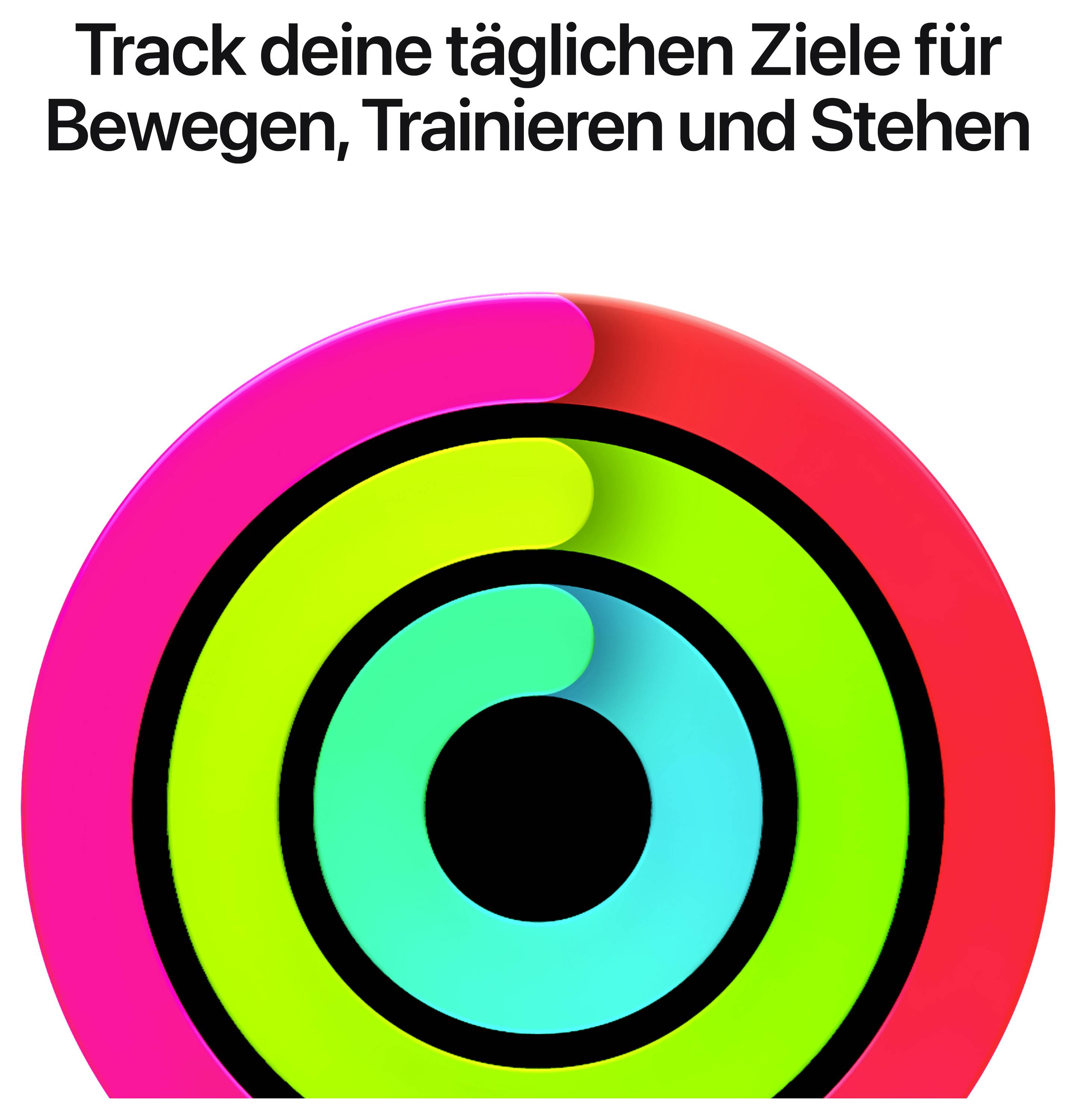 Grafik mit dem Text 'Track deine täglichen Ziele für Bewegen, Trainieren und Stehen' und drei farbigen Aktivitätsringen als Fortschrittsanzeige.