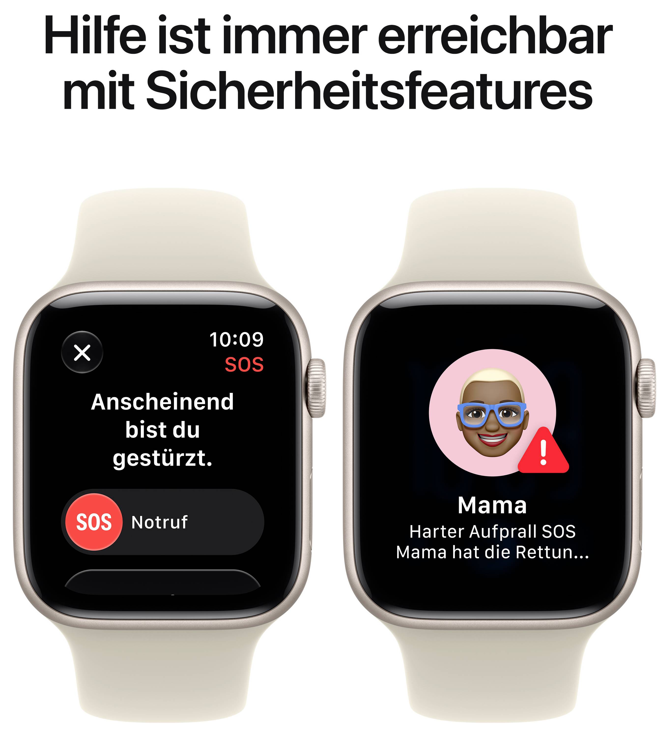 Werbeanzeige für Apple Watch-Sicherheitsfunktionen: links Notruf-SOS nach Sturz, rechts Familienalarm mit Warnsymbol und Nachricht an 'Mama'.