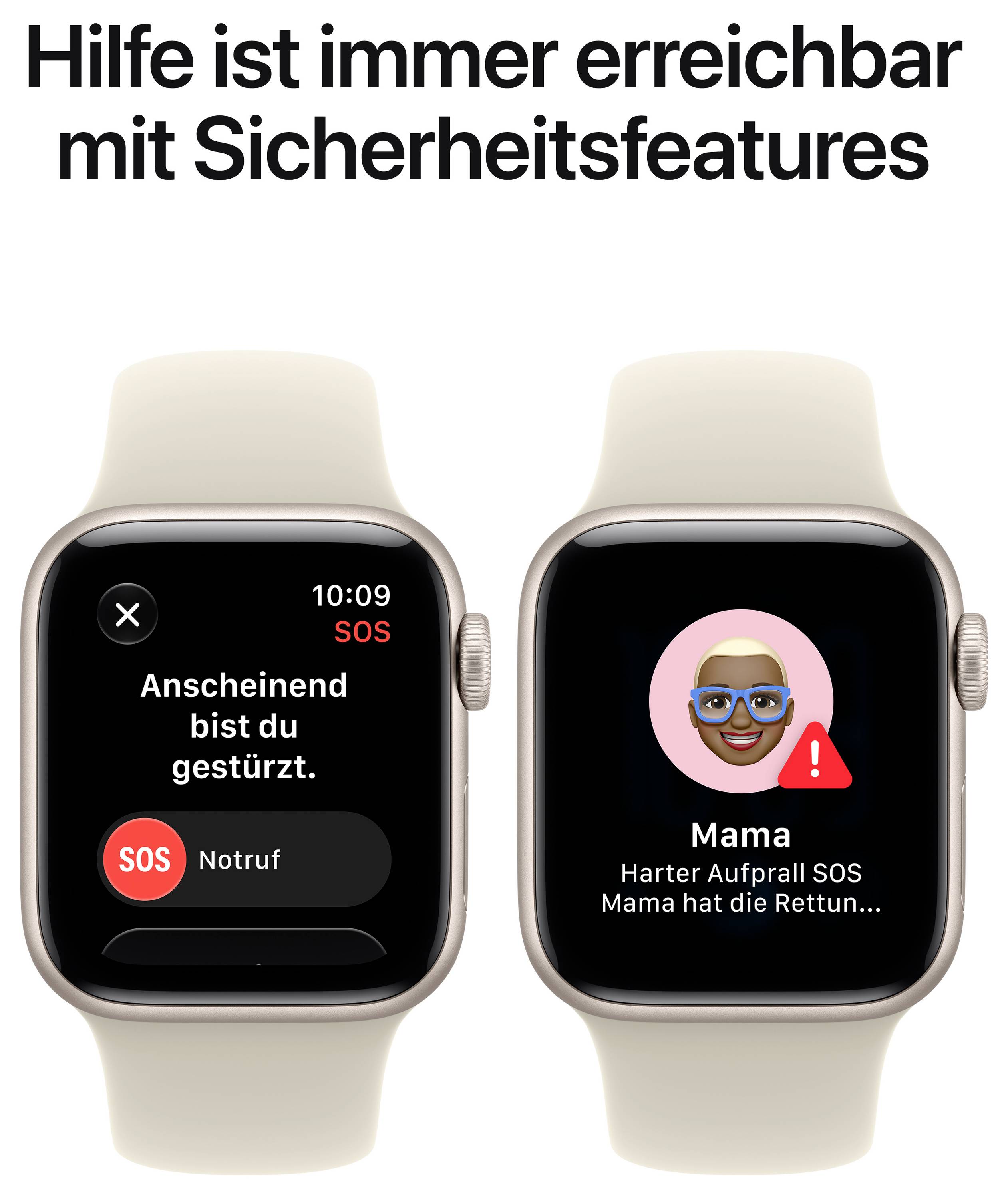 Anzeige zu Sicherheitsfeatures: Zwei Apple Watches zeigen Notruf-SOS und einen Sturzalarm mit Nachricht an 'Mama' nach hartem Aufprall.