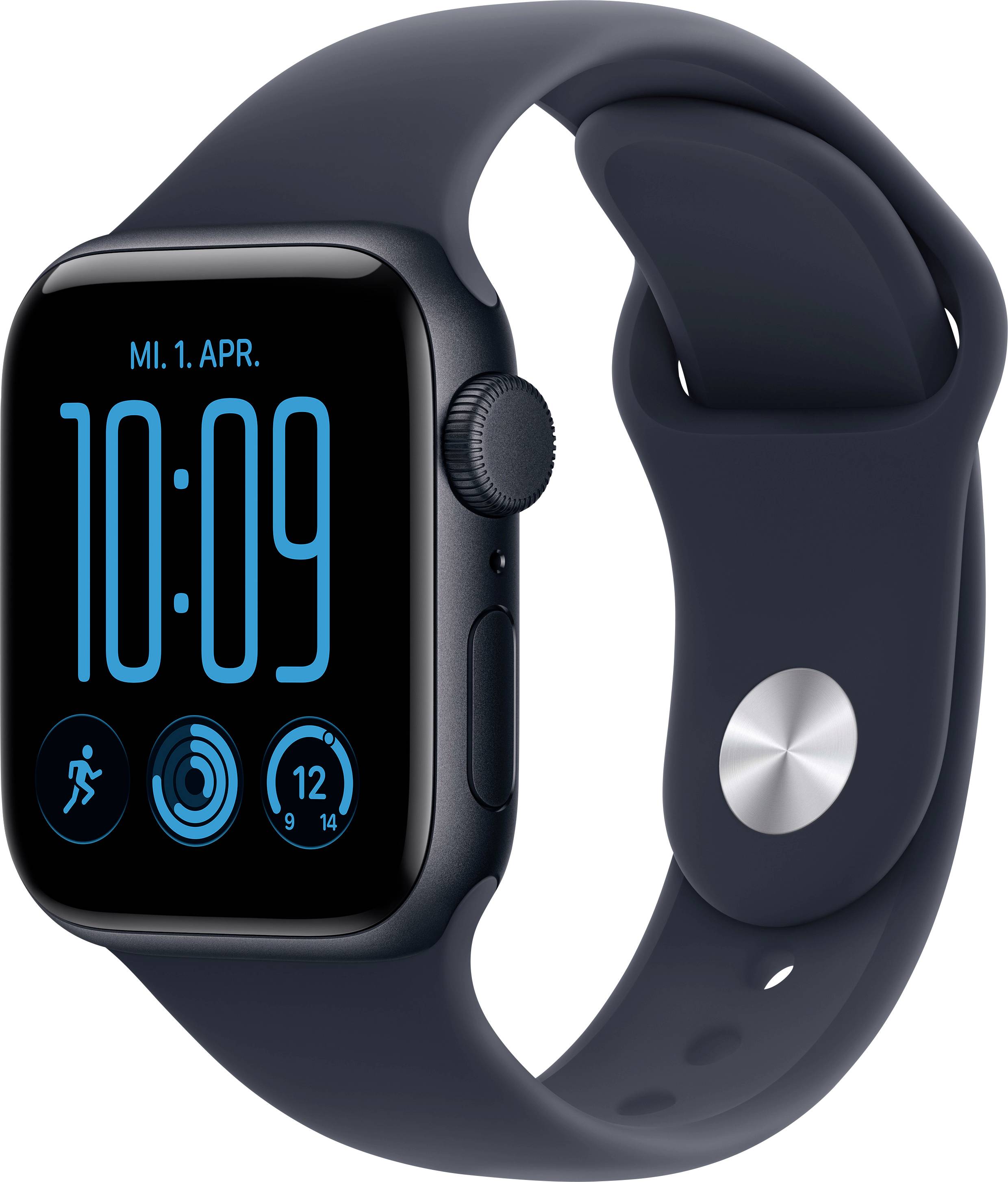 Eine dunkelblau Apple Watch zeigt 10:09 und das Datum „MI. 1. APR.