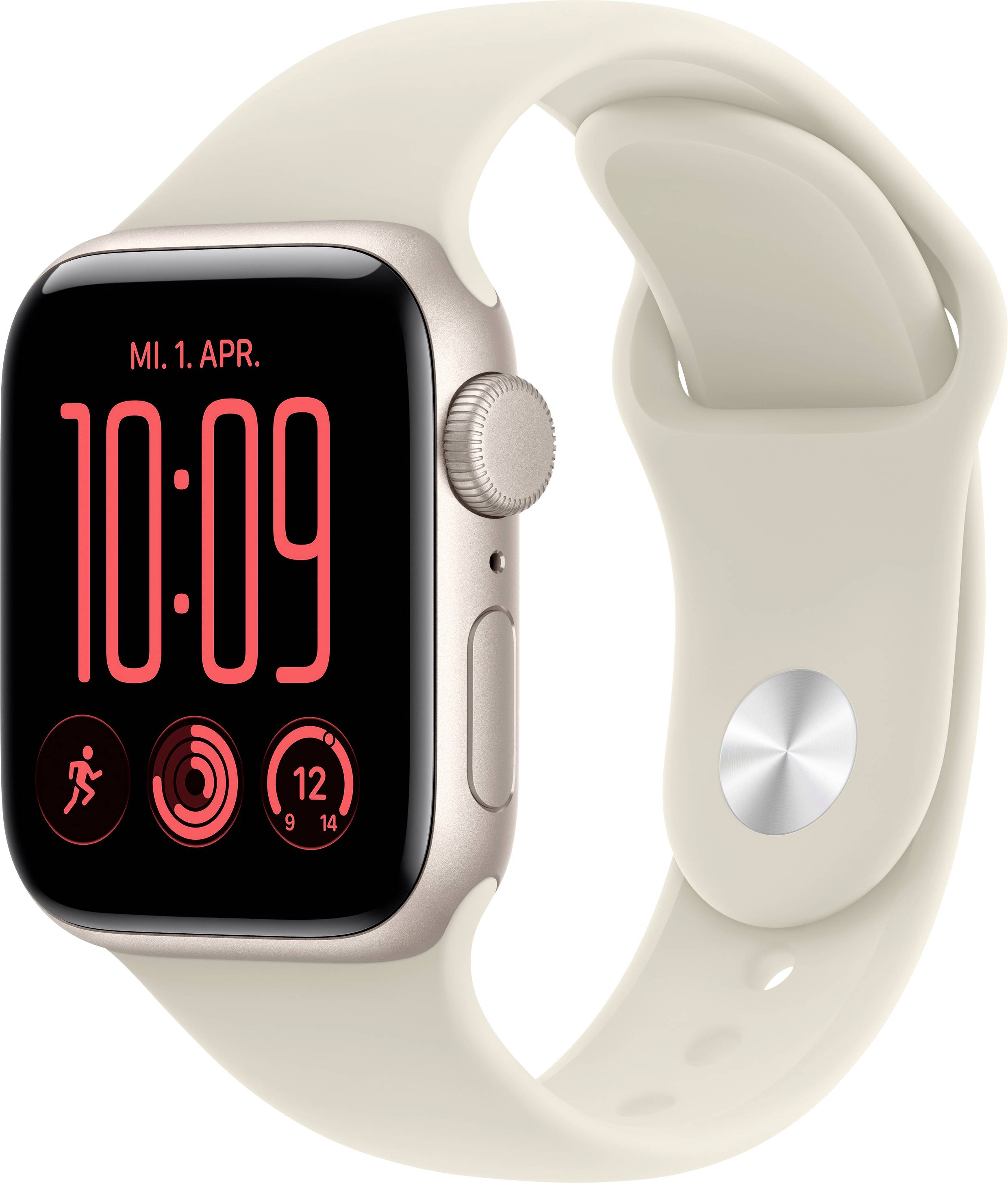 Apple Watch mit cremefarbenem Band zeigt 10:09 Uhr und das Datum „MI. 1. APR.