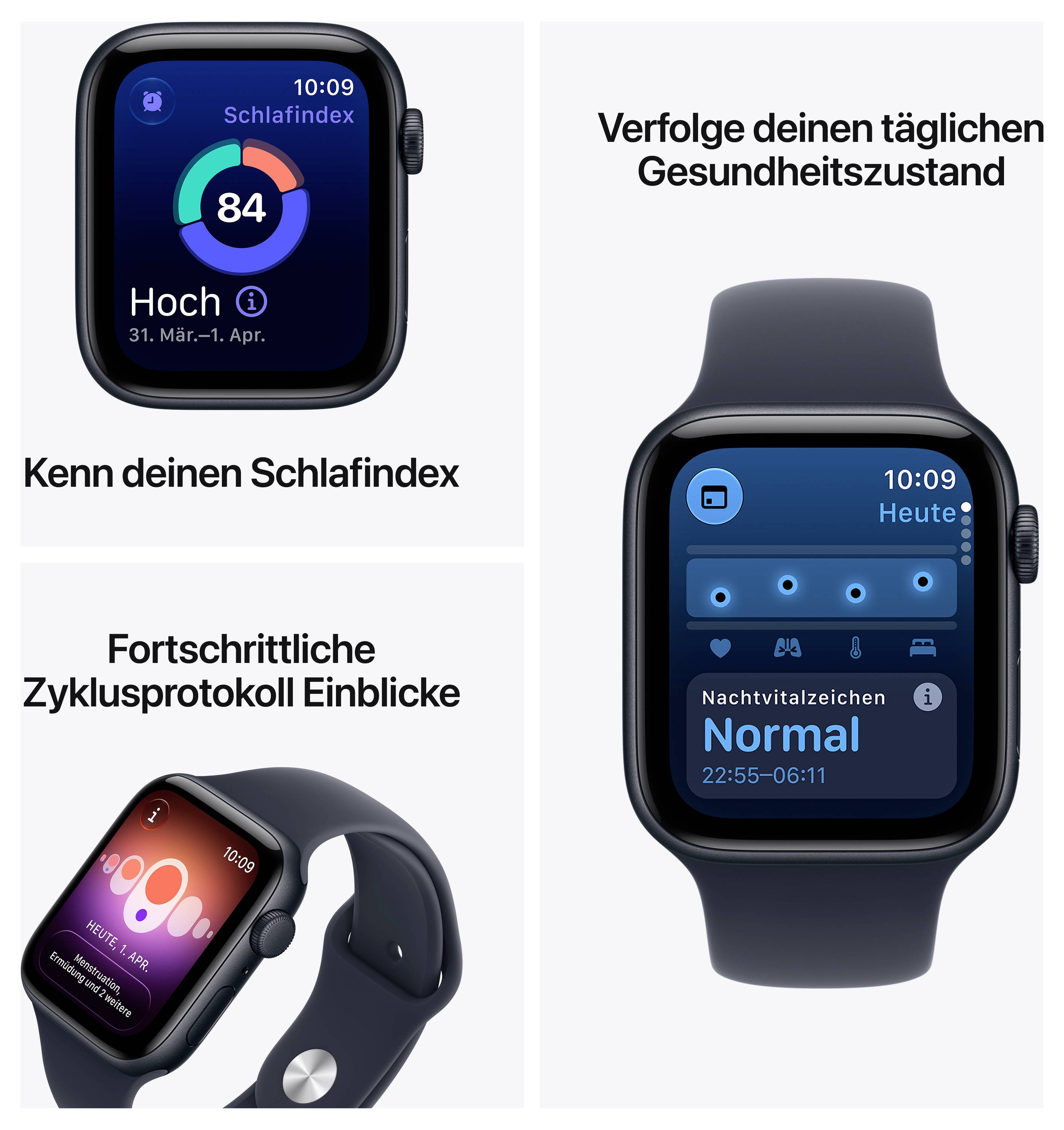 Werbegrafik mit Apple Watch: zeigt Schlafindex 84, Gesundheitsverfolgung und Zyklusprotokoll mit den Slogans 'Kenn deinen Schlafindex' und 'Verfolge deinen täglichen Gesundheitszustand'.