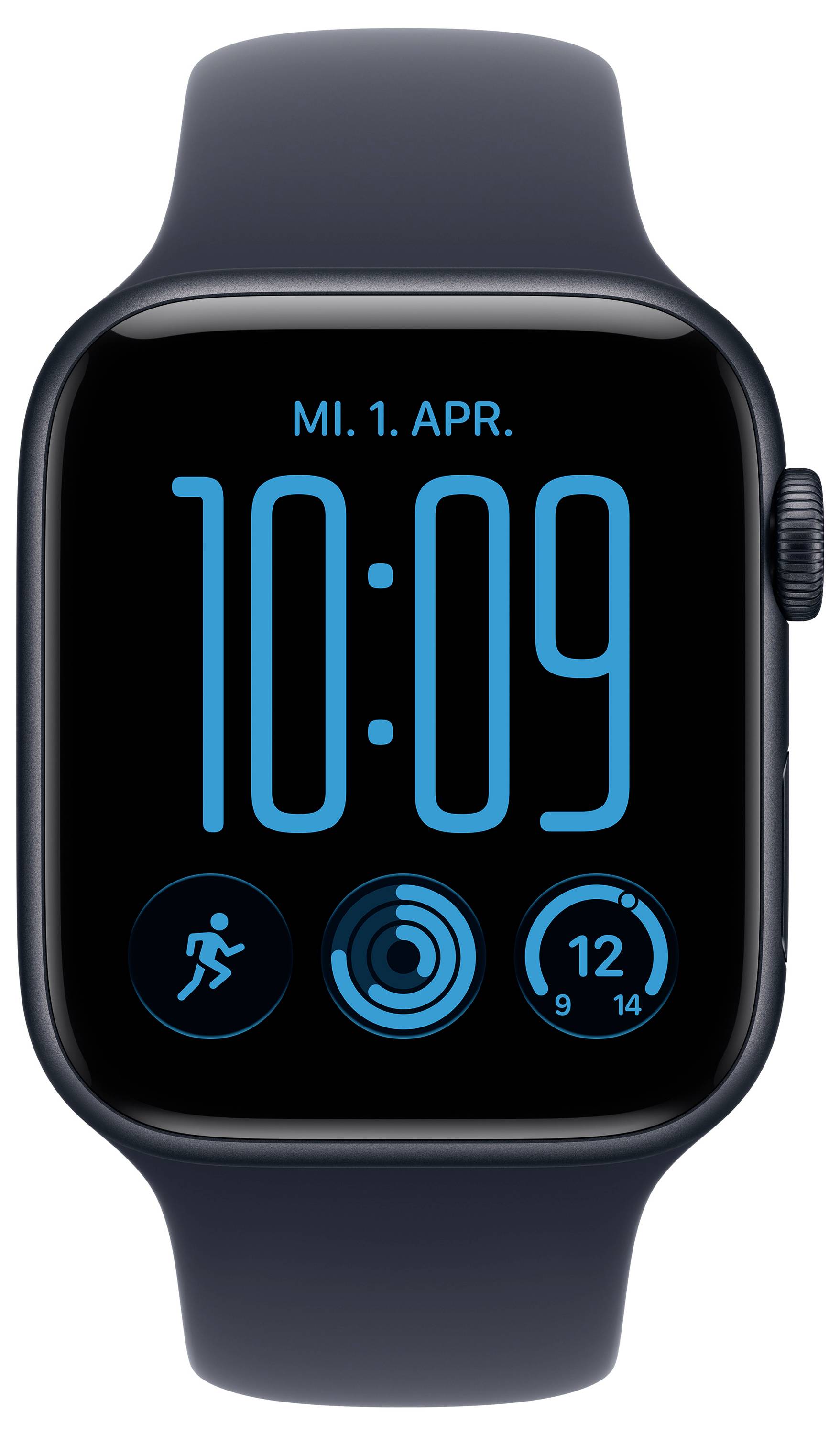 Apple Watch zeigt 10:09 am Montag, 1. April, mit Fitness-, Aktivitäts- und Kalender-Komplikationssymbolen auf einem schwarzen Zifferblatt an.