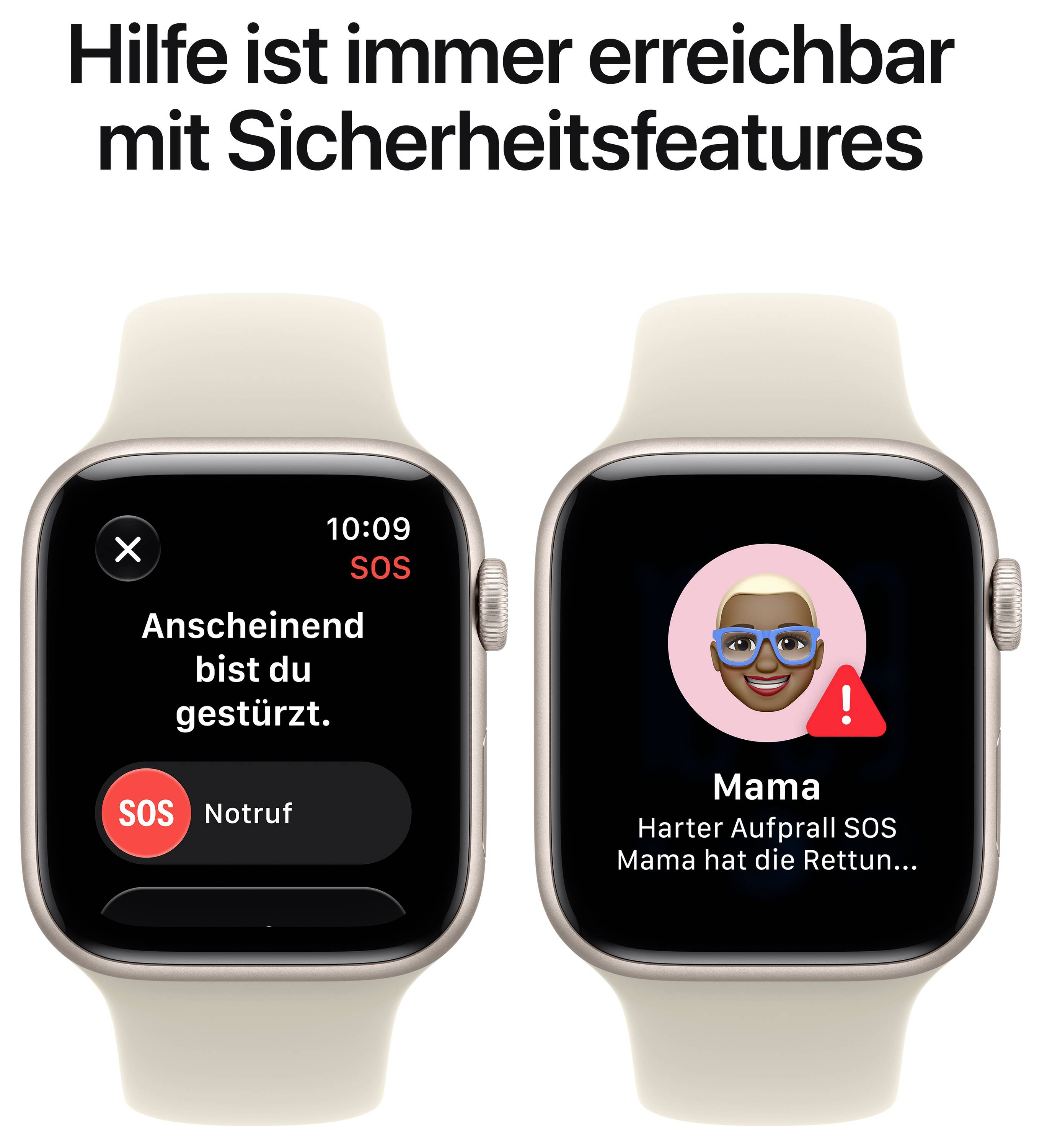 Werbegrafik mit zwei Smartwatches zu Sicherheitsfunktionen: links Sturzerkennung mit SOS-Notruf, rechts Benachrichtigung an 'Mama' bei hartem Aufprall.