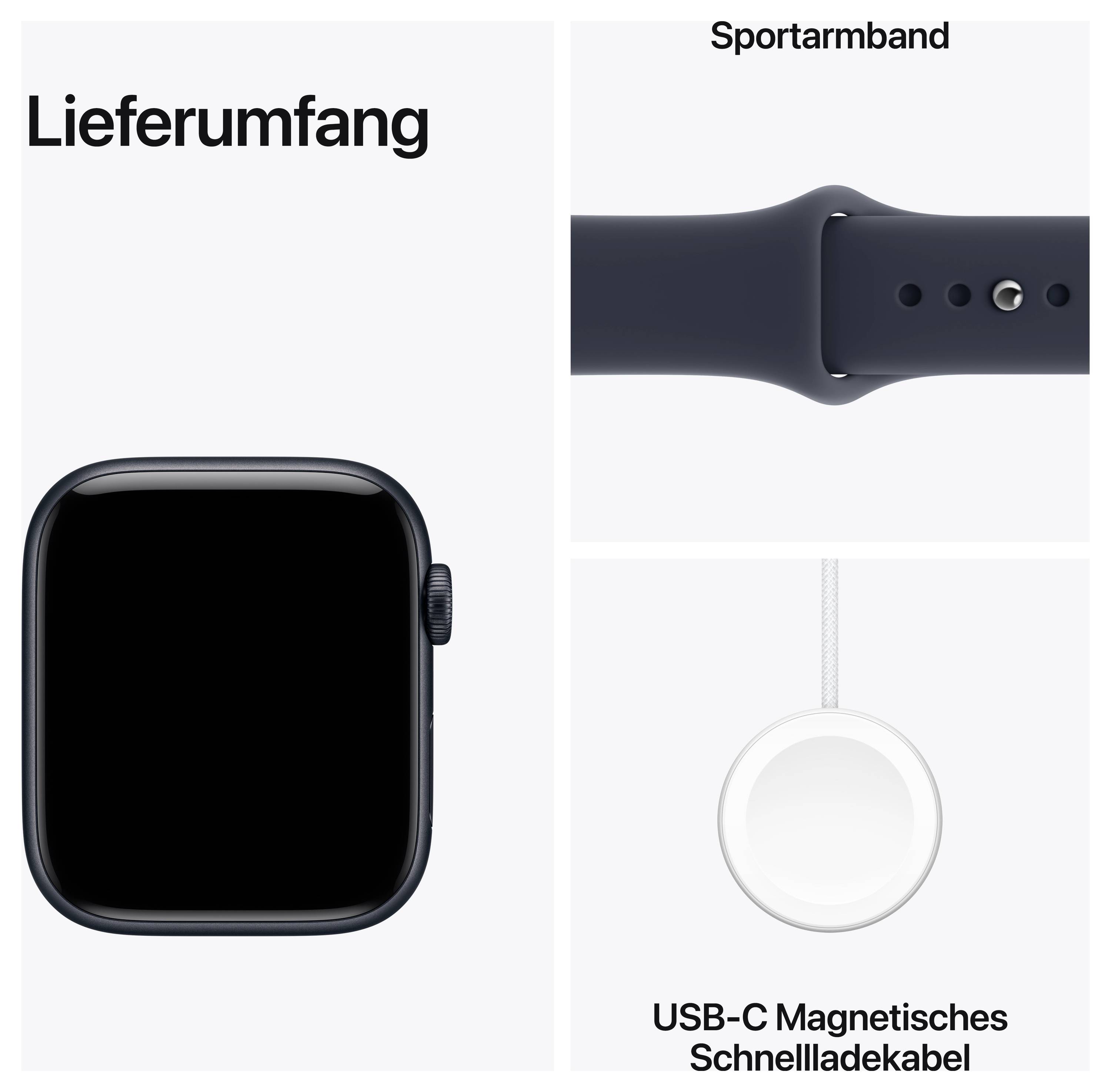 Übersicht 'Lieferumfang' mit Apple Watch und Zubehör: Sportarmband sowie USB-C magnetisches Schnellladekabel.
