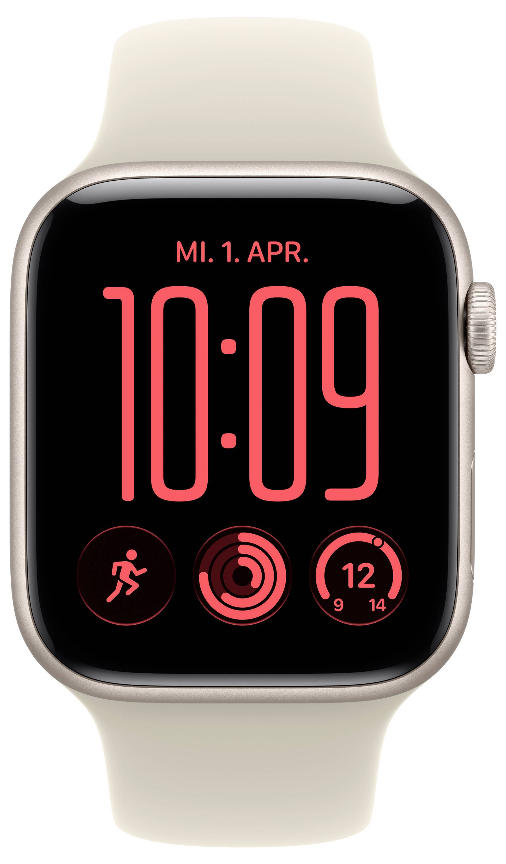 Apple Watch zeigt die Zeit 10:09 an einem Montag, den 1. April, mit roten Fitness-Aktivitäts- und Datum-Komplikationssymbolen auf einem schwarzen Bildschirm.