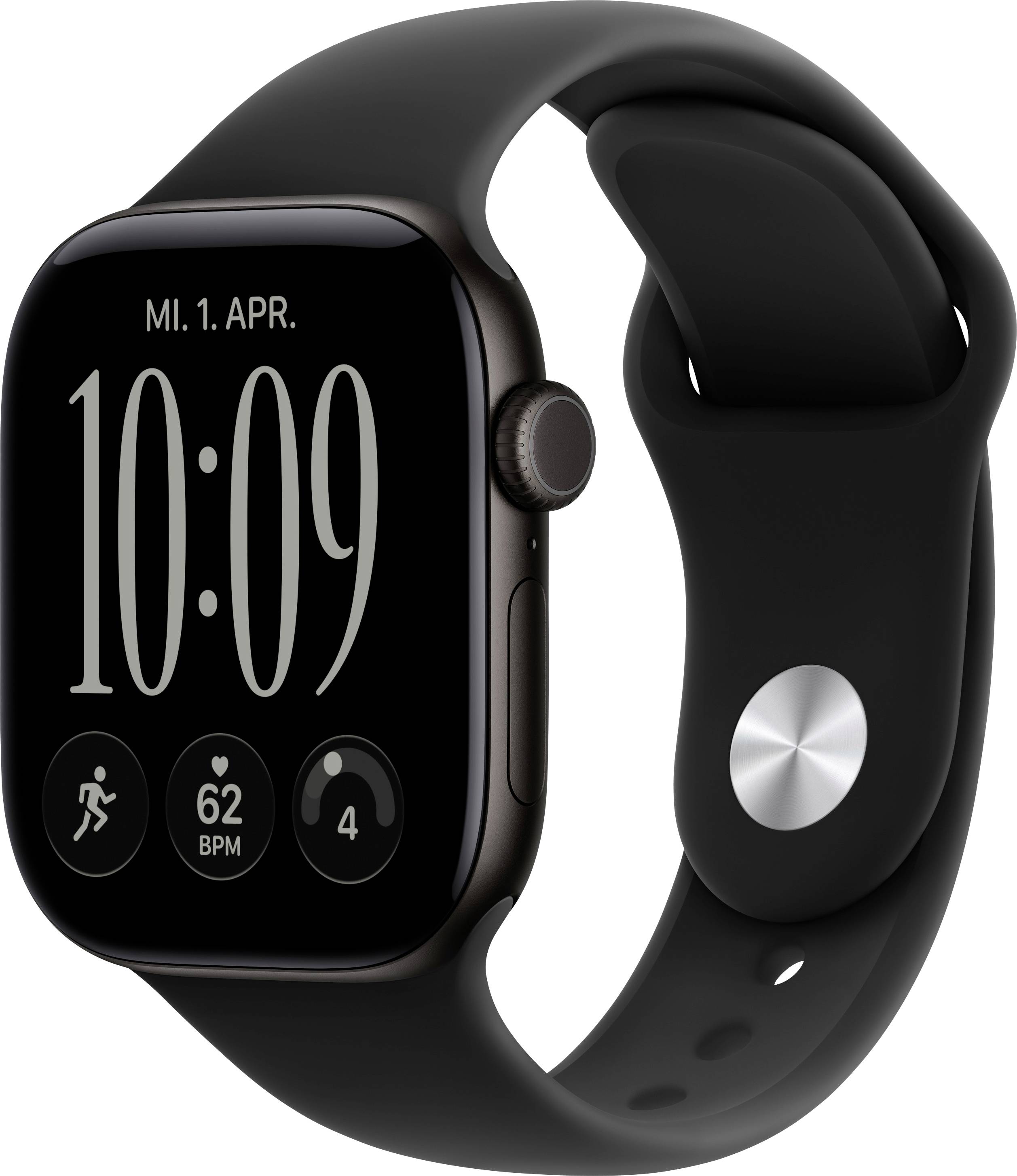 Schwarze Smartwatch mit schwarzem Armband, zeigt 10:09 an, Datum 'MI. 1. APR.', Herzfrequenz 62 BPM und ein Trainings-Symbol auf dem Bildschirm.