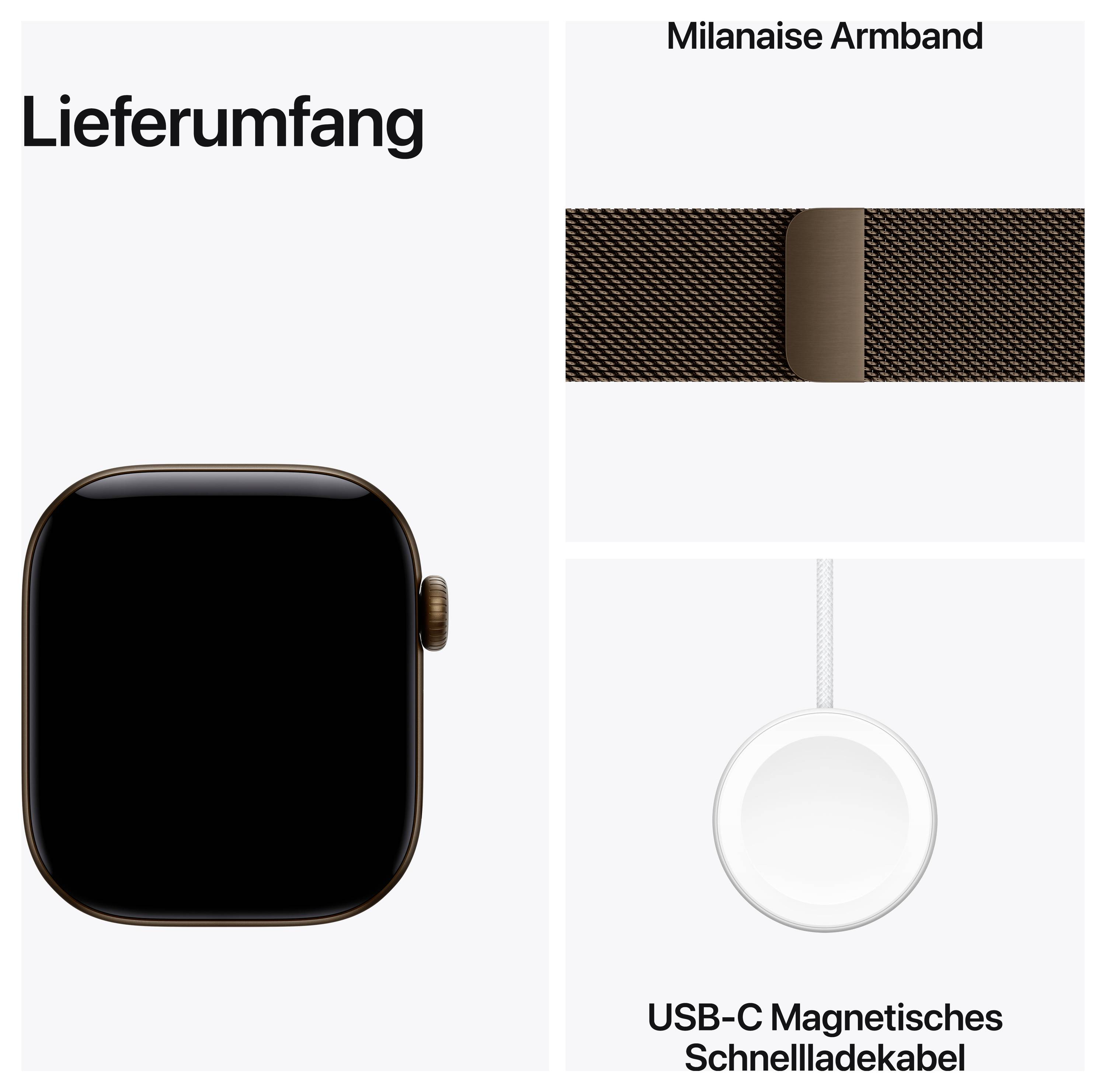 Lieferumfang einer Smartwatch: Gehäuse, Milanese-Armband und USB-C magnetisches Schnellladekabel.