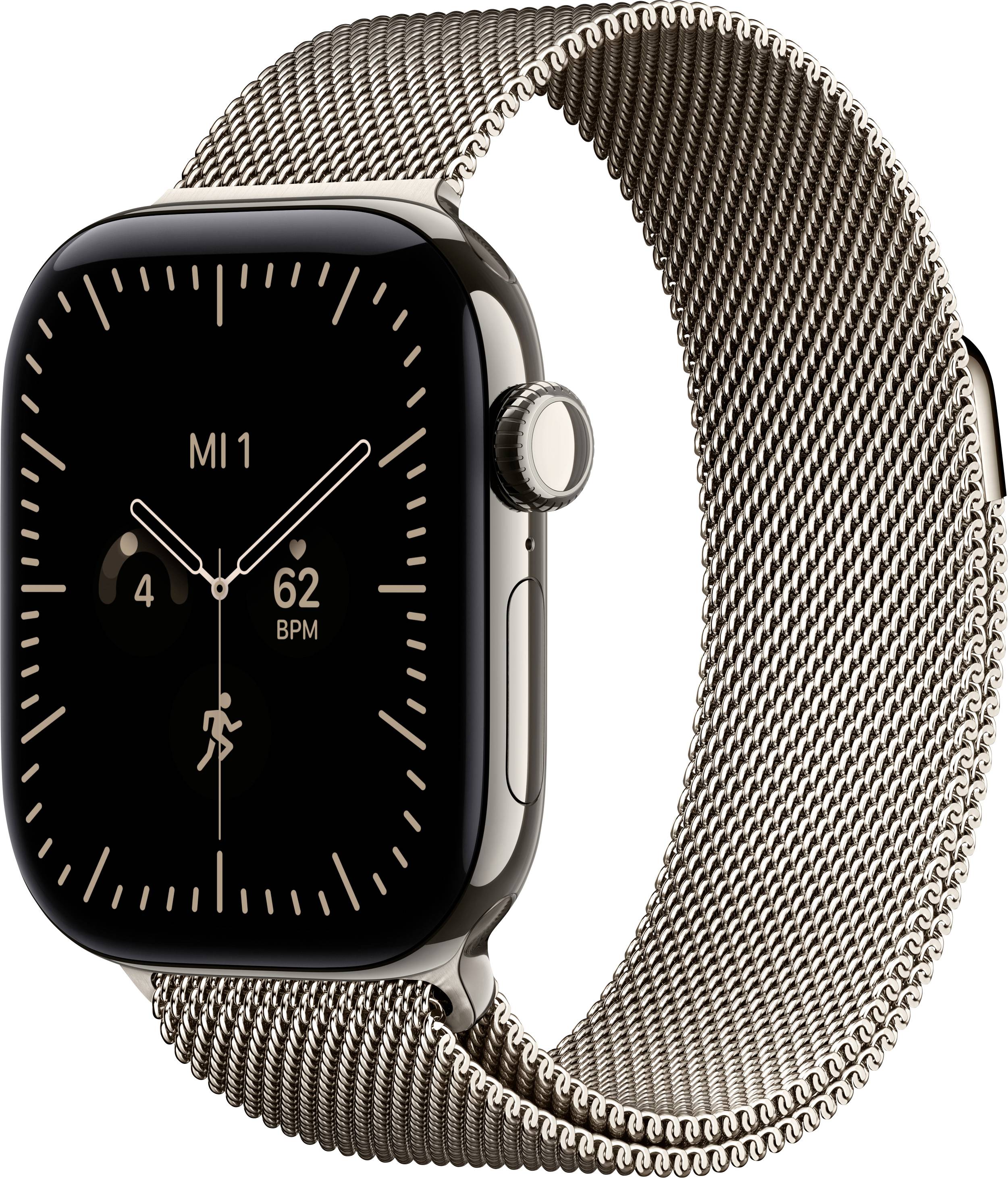 Schwarze Apple Watch mit Milanese Loop-Armband, zeigt ein Ziffernblatt mit der Bezeichnung 