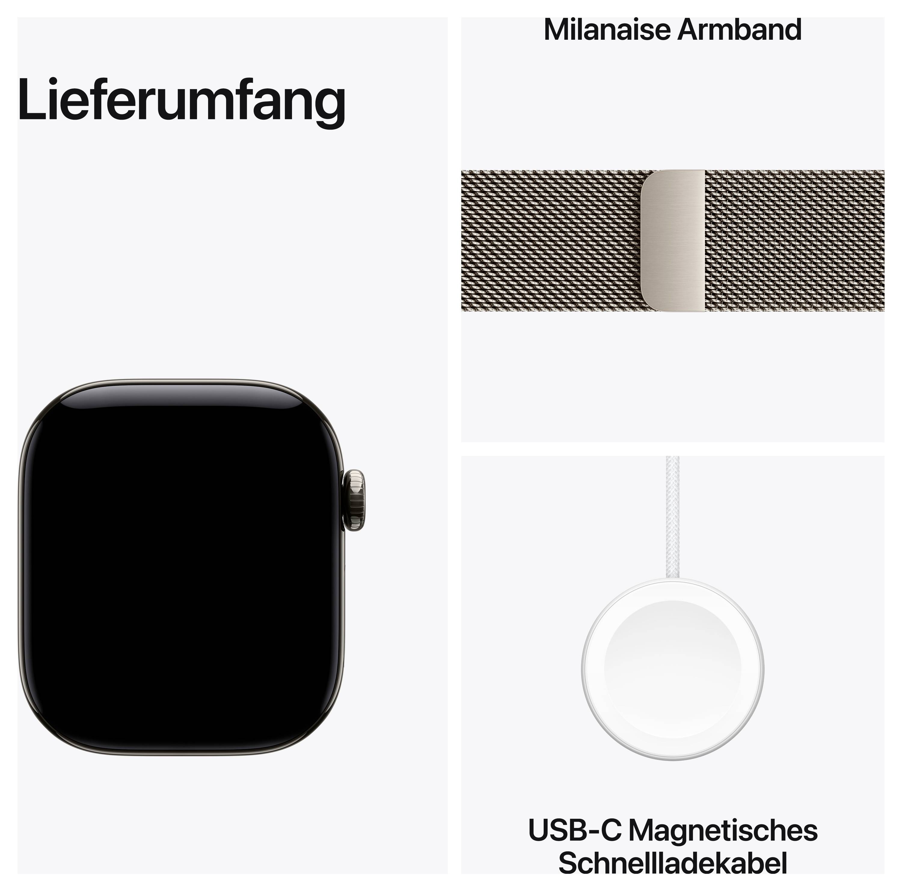 Lieferumfang mit Smartwatch-Gehäuse, Milanese-Armband und USB-C-Magnetladekabel.