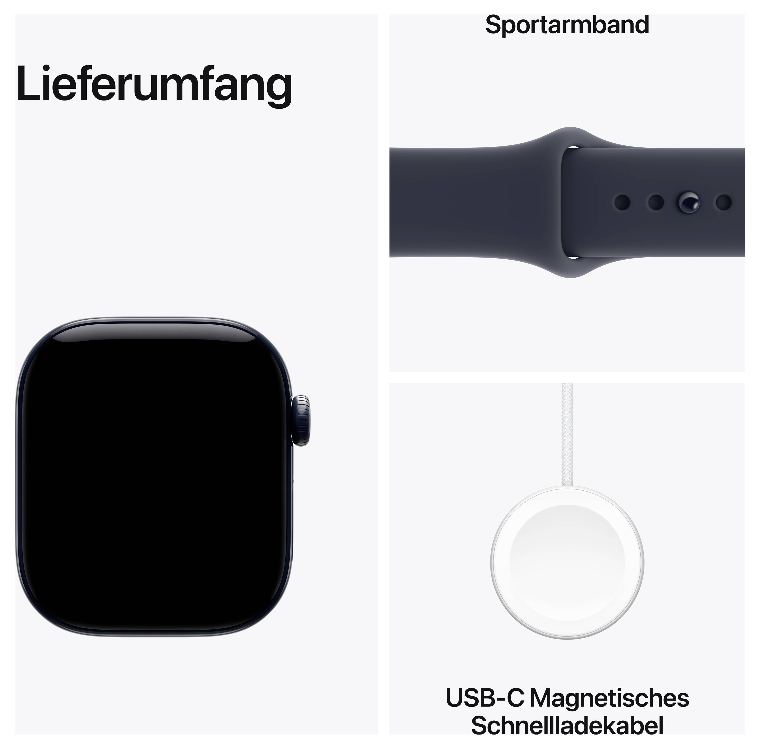 Lieferumfang eines Smartwatchesets: Uhr, Sportarmband und USB‑C magnetisches Schnellladekabel.
