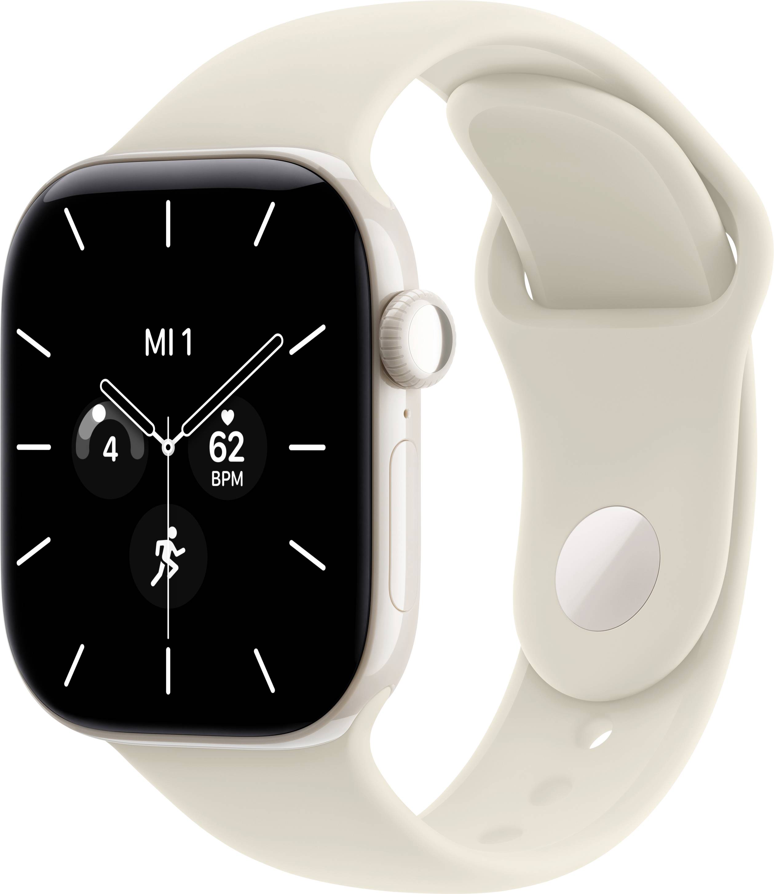 Beigefarbige Smartwatch mit schwarzem Display, das ein analoges Ziffernblatt 