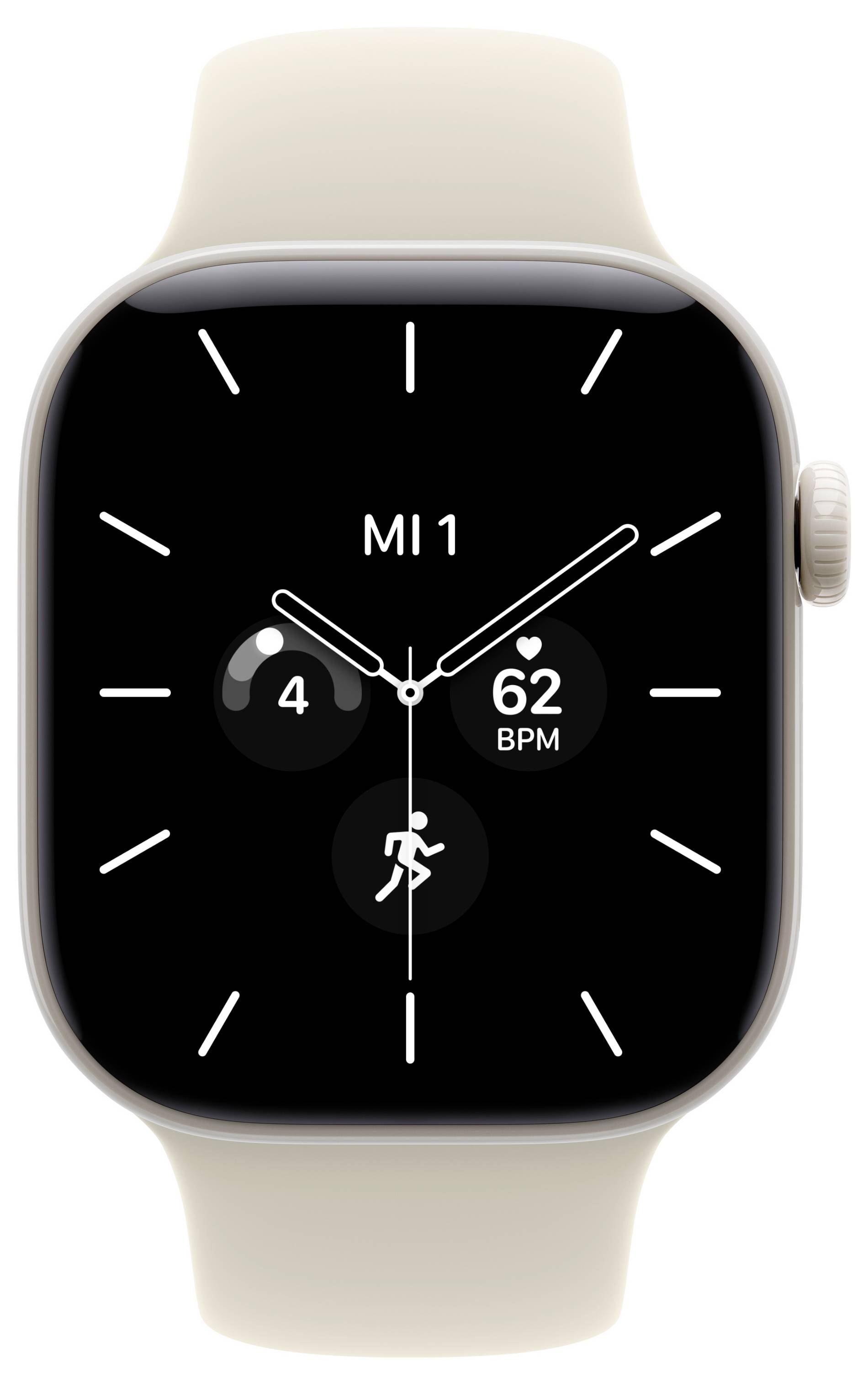 Apple Watch mit beigem Armband, das ein analoges Zifferblatt mit der Bezeichnung „MI 1" zeigt, mit Datum 4, Herzfrequenz 62 BPM und einem Trainings-/Laufsymbol.