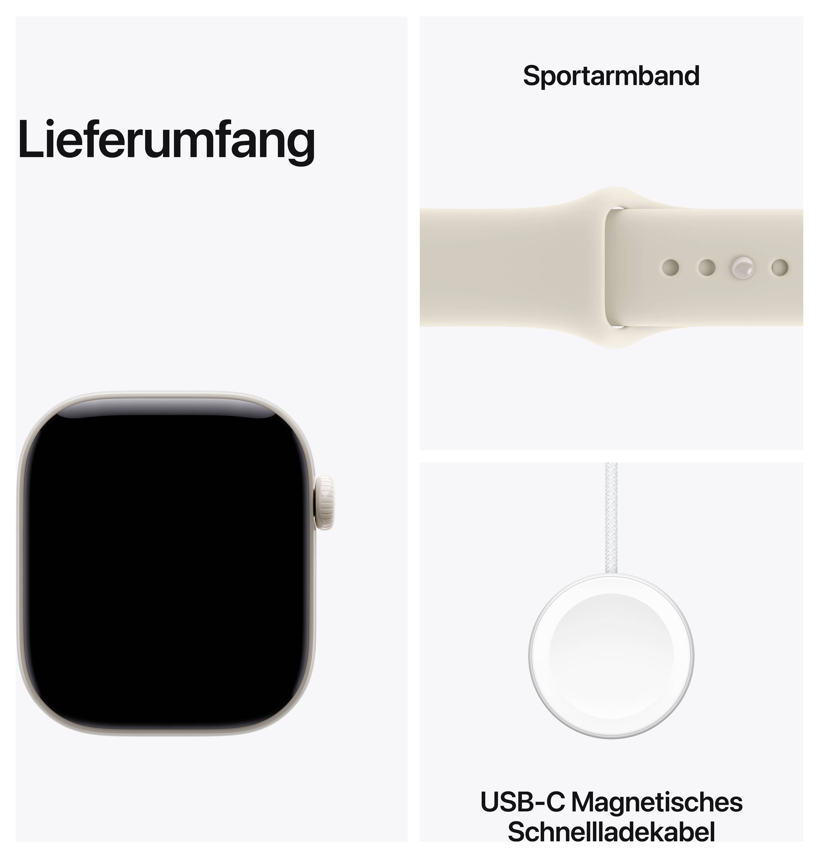 Lieferumfang des Produkts: Smartwatch, Sportarmband und USB-C magnetisches Schnellladekabel.
