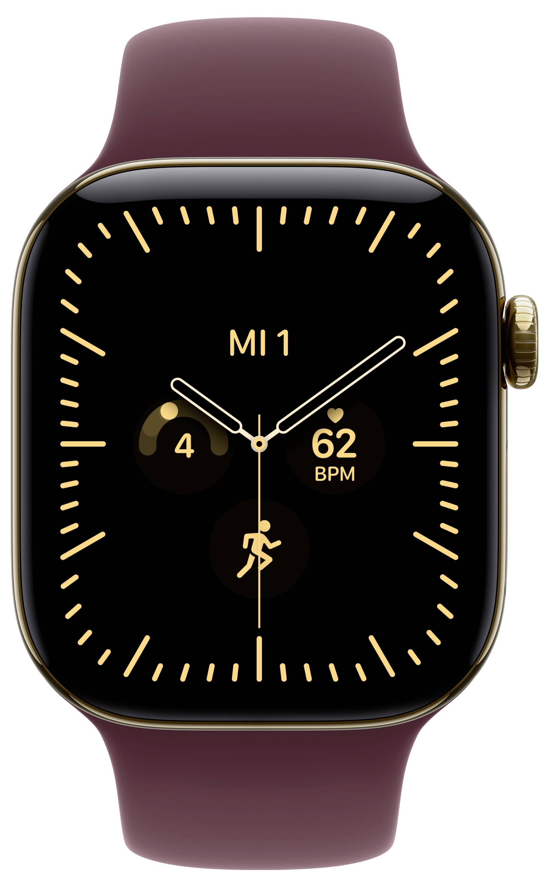 Apple Watch mit einem schwarzen, goldakzentierten Zifferblatt, das die Uhrzeit, „MI 1", Herzfrequenz 62 BPM und Aktivitätssymbole auf einem kastanienbrauen Armband anzeigt.