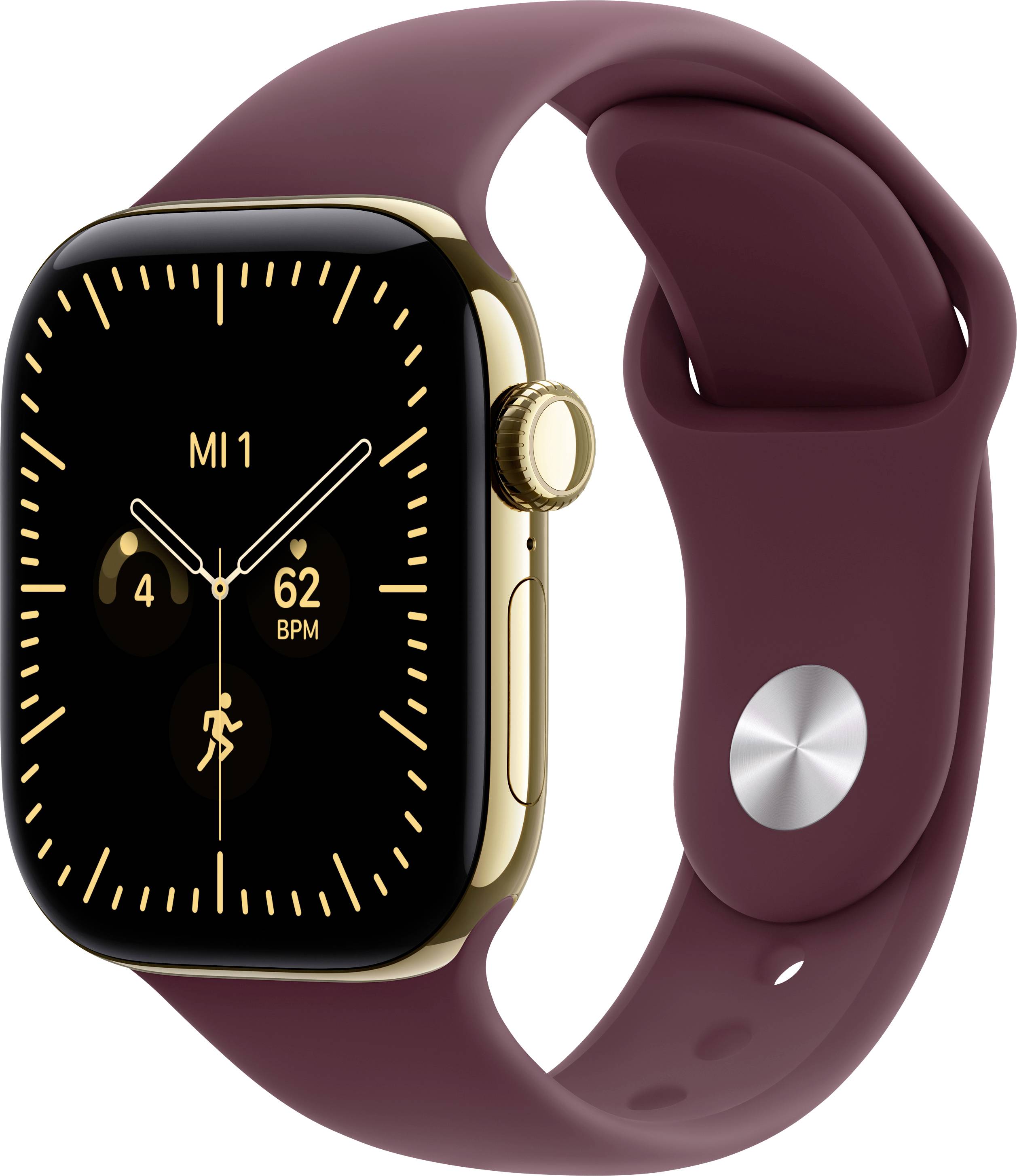 Goldene Smartwatch mit schwarzem Zifferblatt und burgunderfarbenem Armband, auf dem 